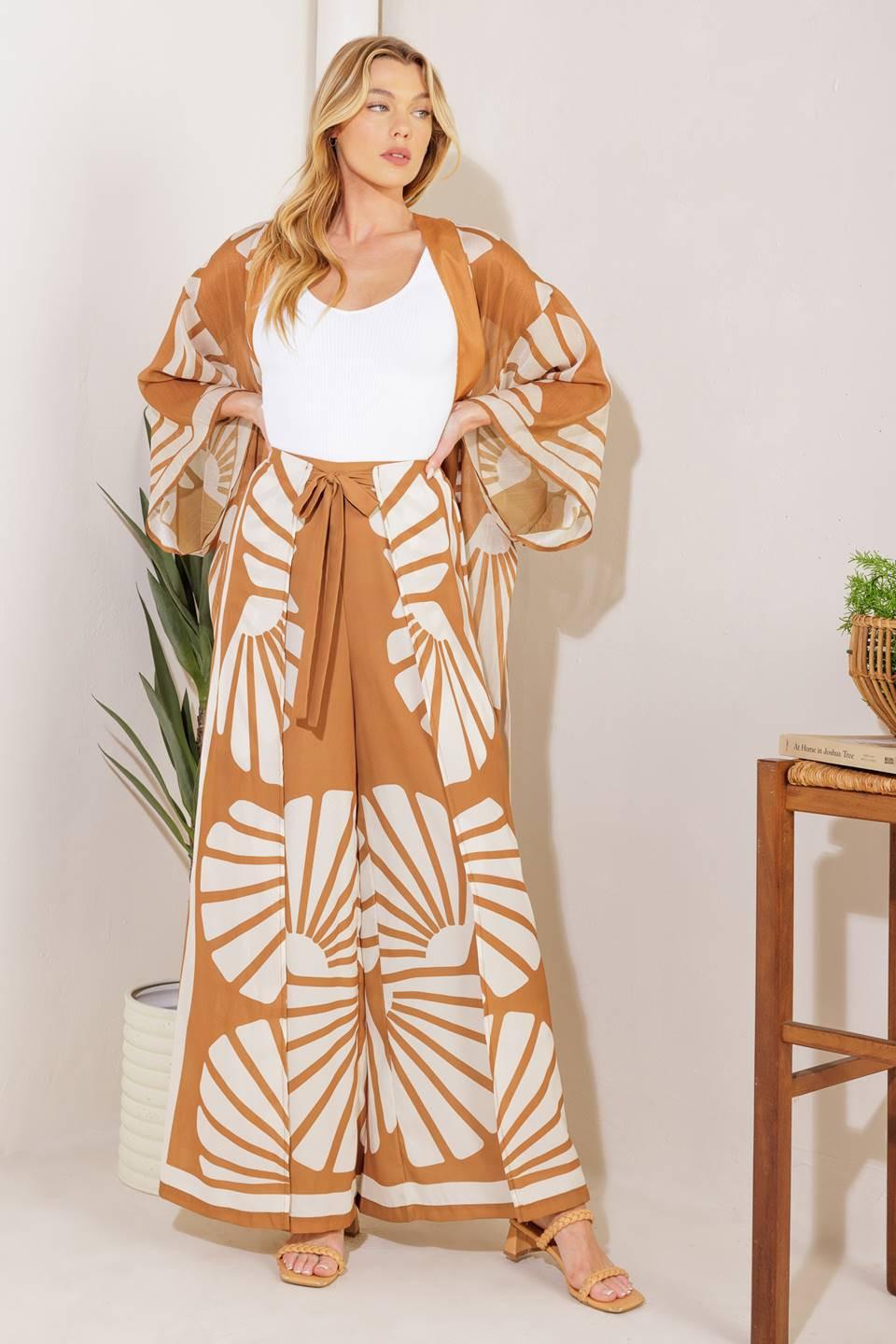 Awaiting Love Woven Kimono Cover Up And Pant Set