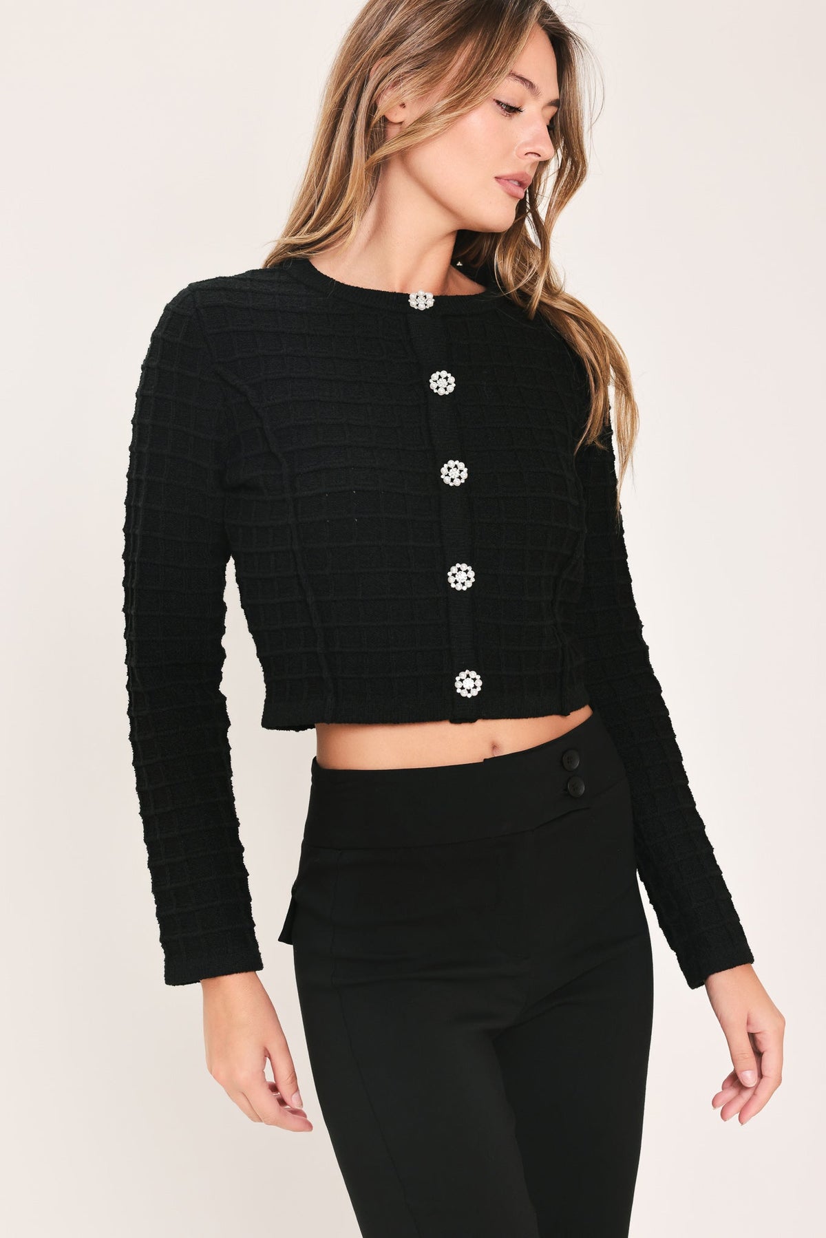 Polished Moment Black Jewel-button Cropped Sweater Top