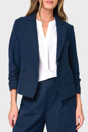 Notch Collar Linen Blazer With Rouched Sleeve