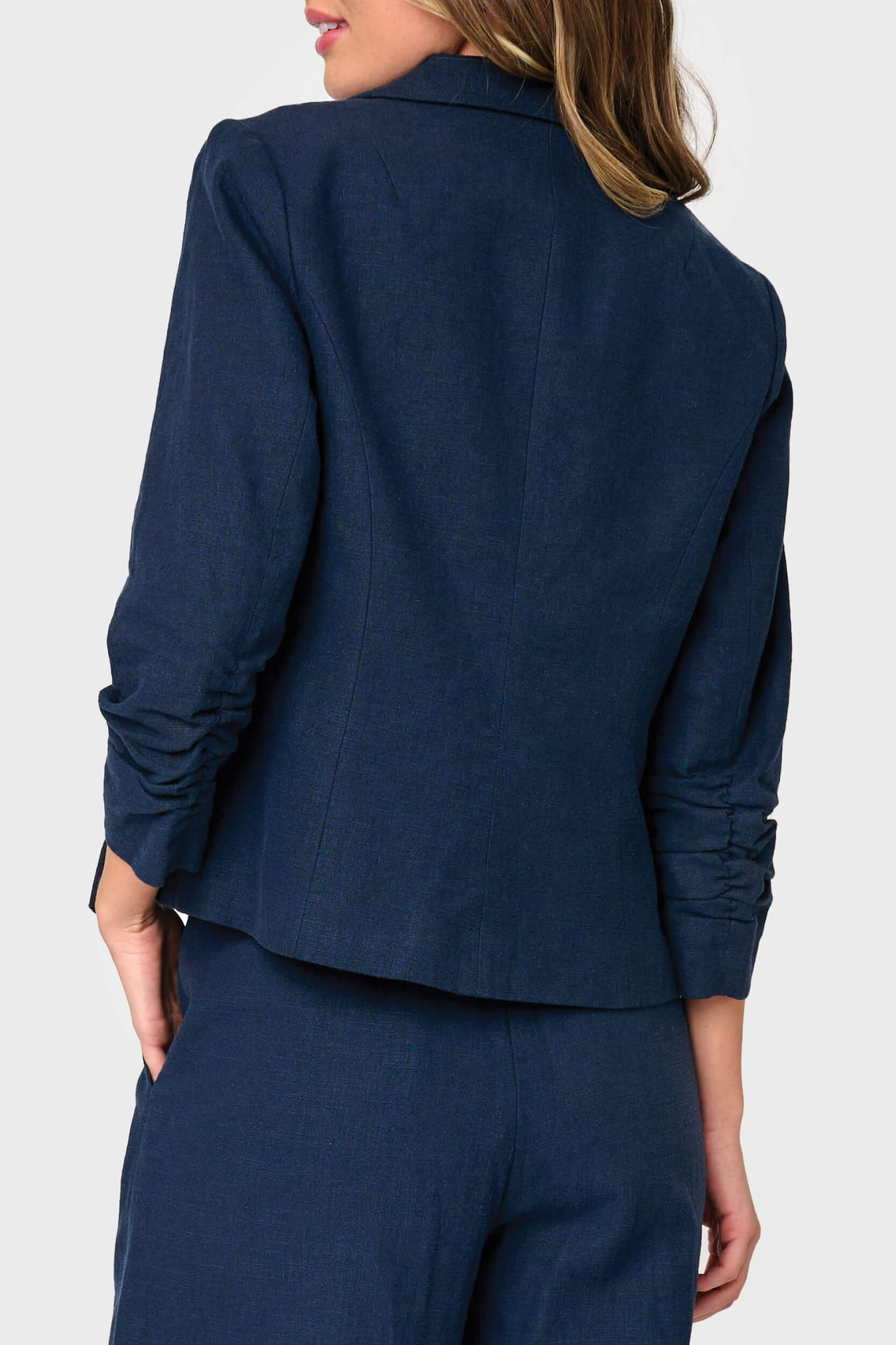 Notch Collar Linen Blazer With Rouched Sleeve