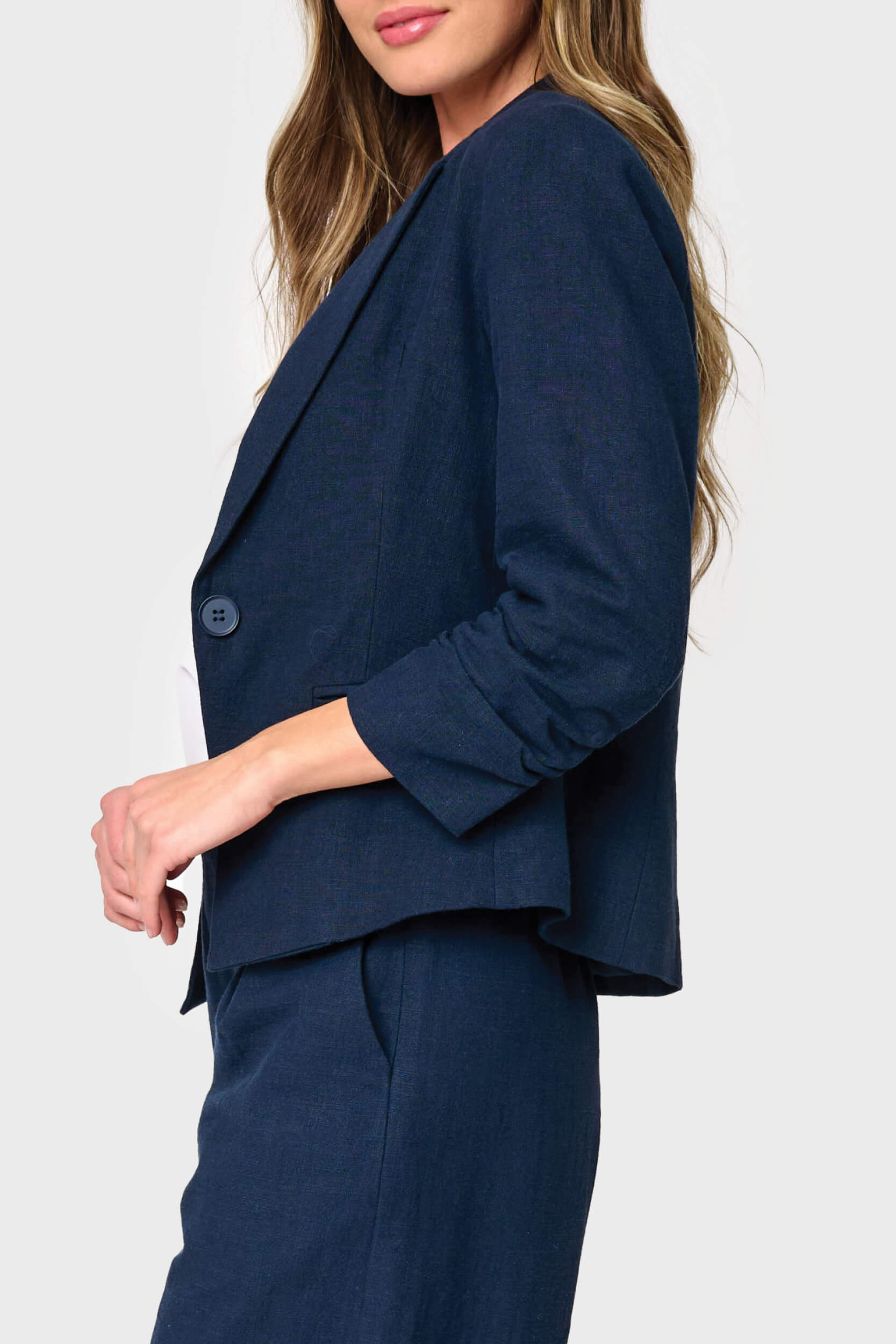 Notch Collar Linen Blazer With Rouched Sleeve