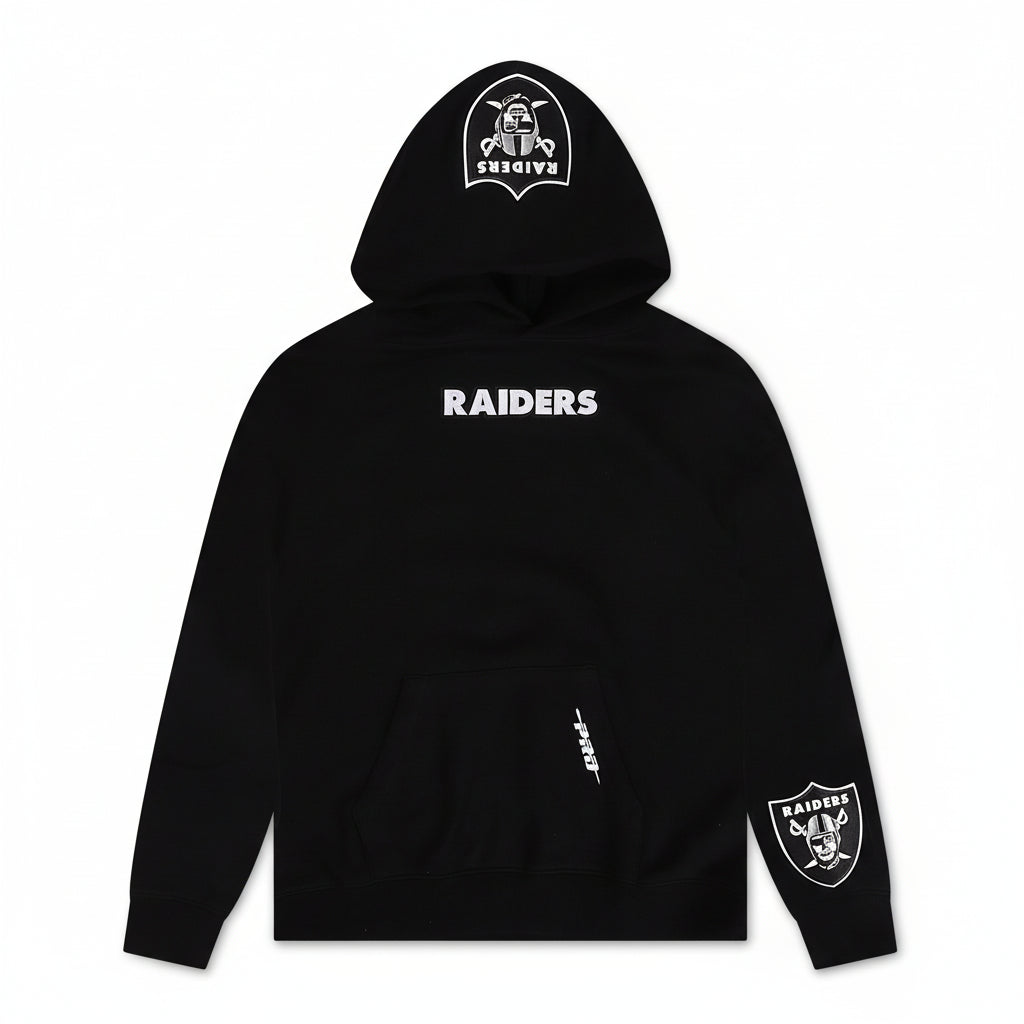 Black hoodie with 'RAIDERS' text and logo on a white background