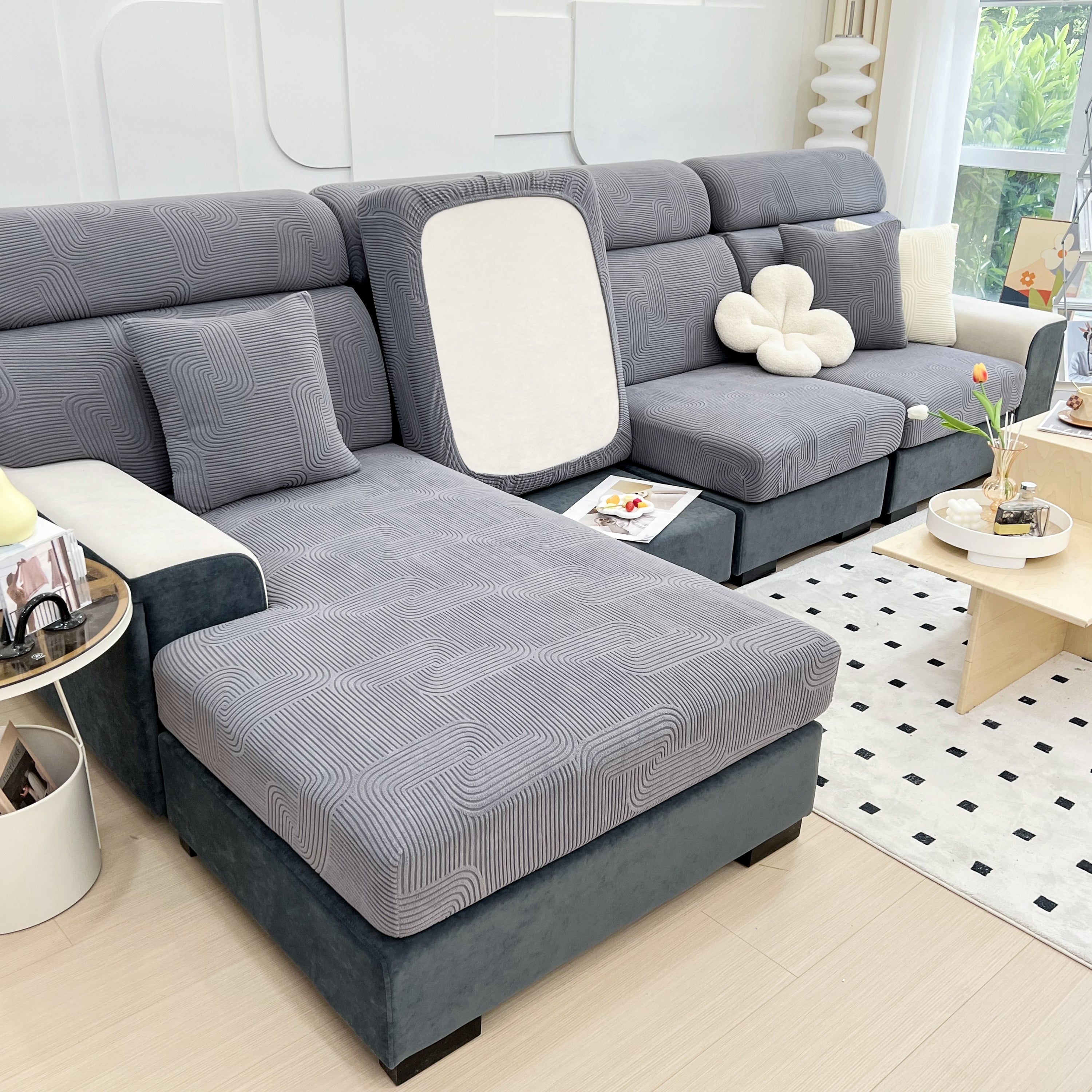 Stretch Couch Cushion Covers, Washable Chaise Lounge Sofa Slipcover, Elastic Furniture Protector For Pets, Kid
