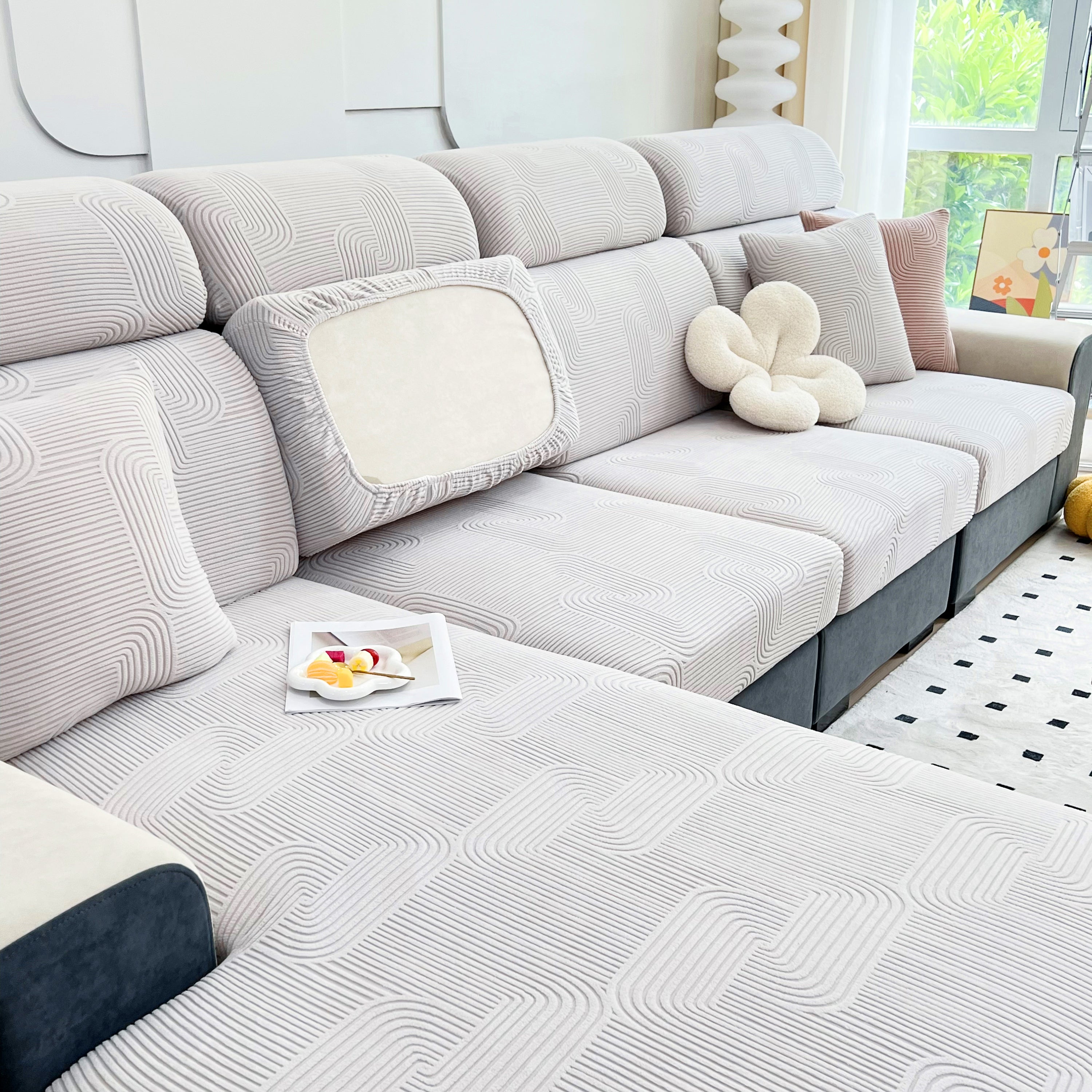 Stretch Couch Cushion Covers, Washable Chaise Lounge Sofa Slipcover, Elastic Furniture Protector For Pets, Kid