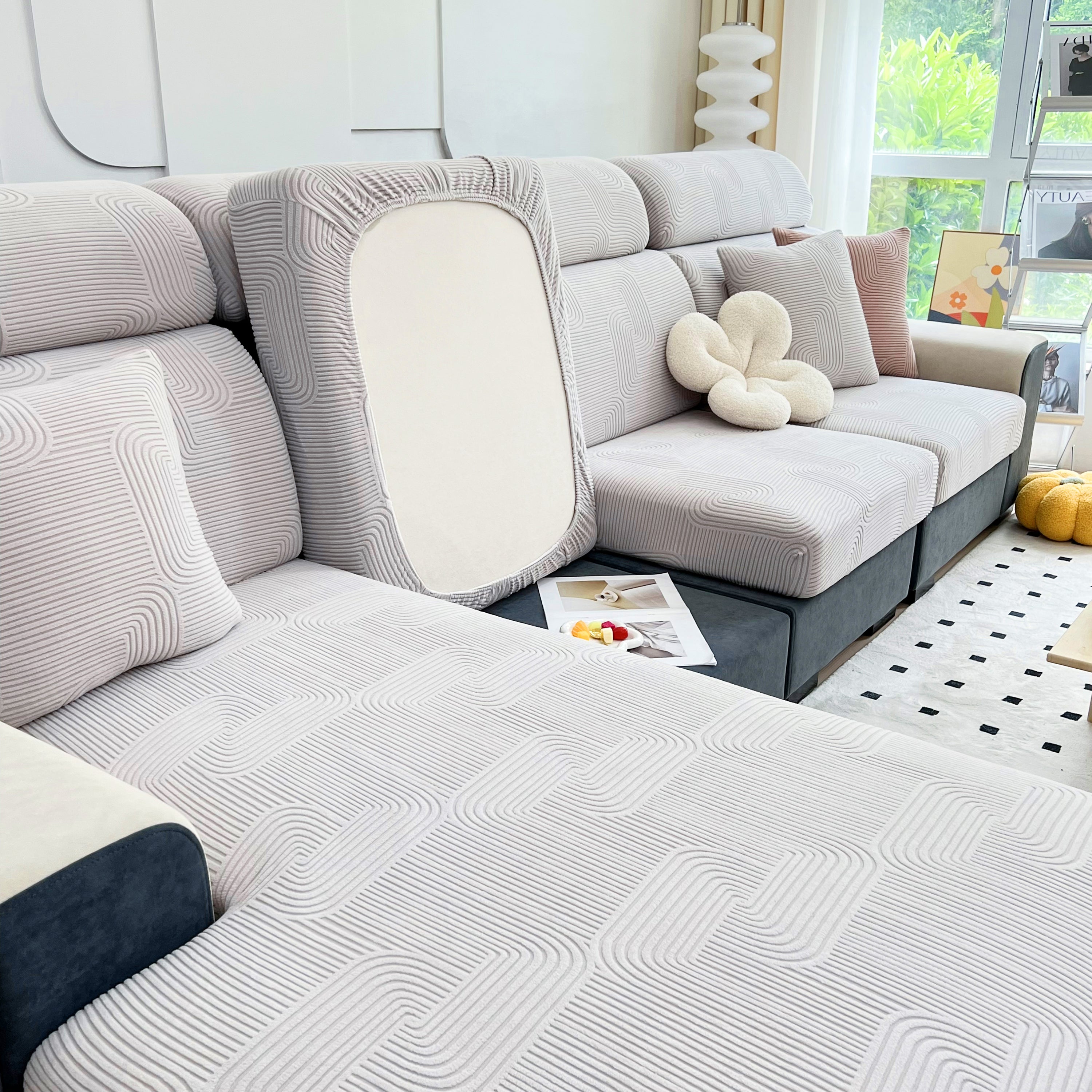 Stretch Couch Cushion Covers, Washable Chaise Lounge Sofa Slipcover, Elastic Furniture Protector For Pets, Kid