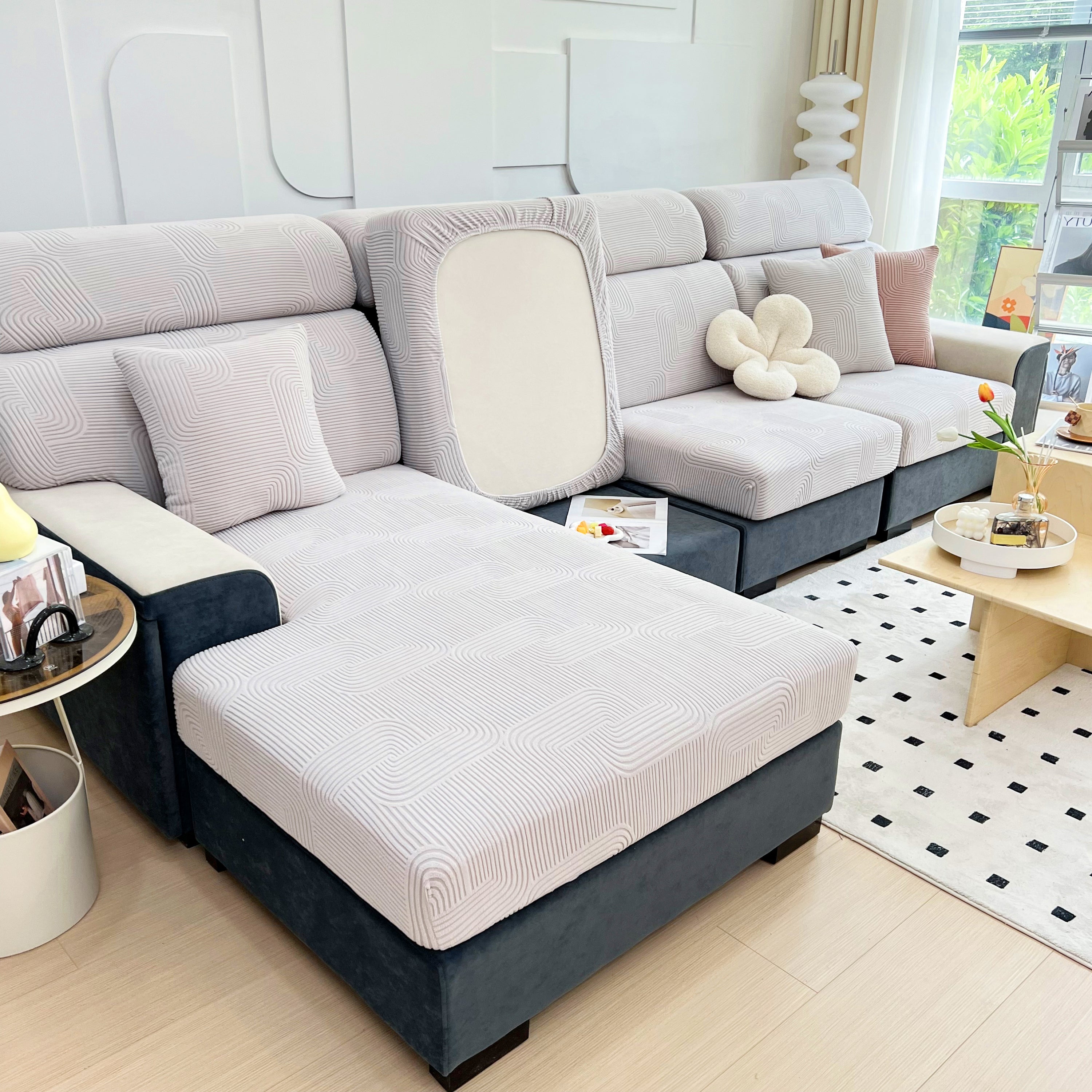 Stretch Couch Cushion Covers, Washable Chaise Lounge Sofa Slipcover, Elastic Furniture Protector For Pets, Kid