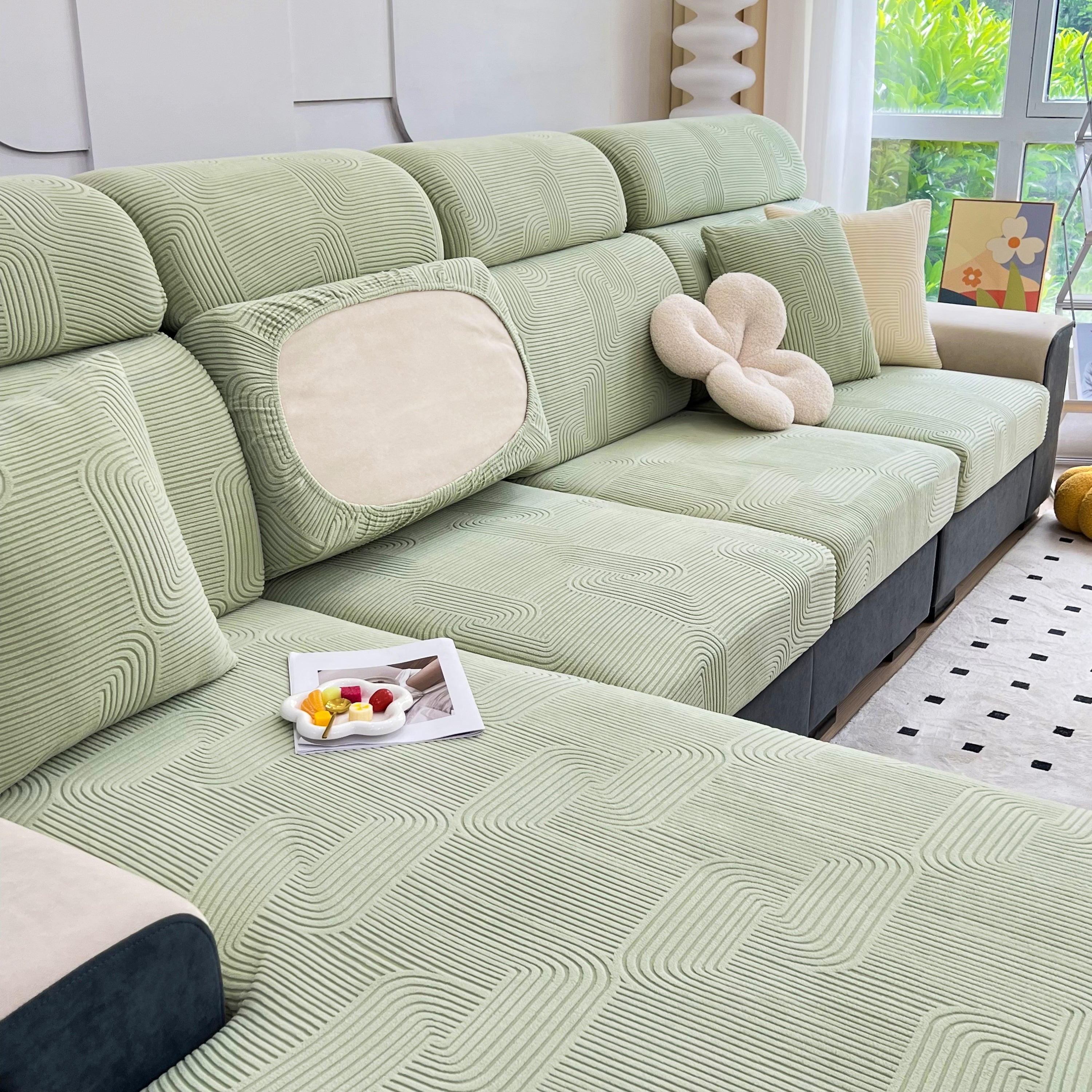 Stretch Couch Cushion Covers, Washable Chaise Lounge Sofa Slipcover, Elastic Furniture Protector For Pets, Kid