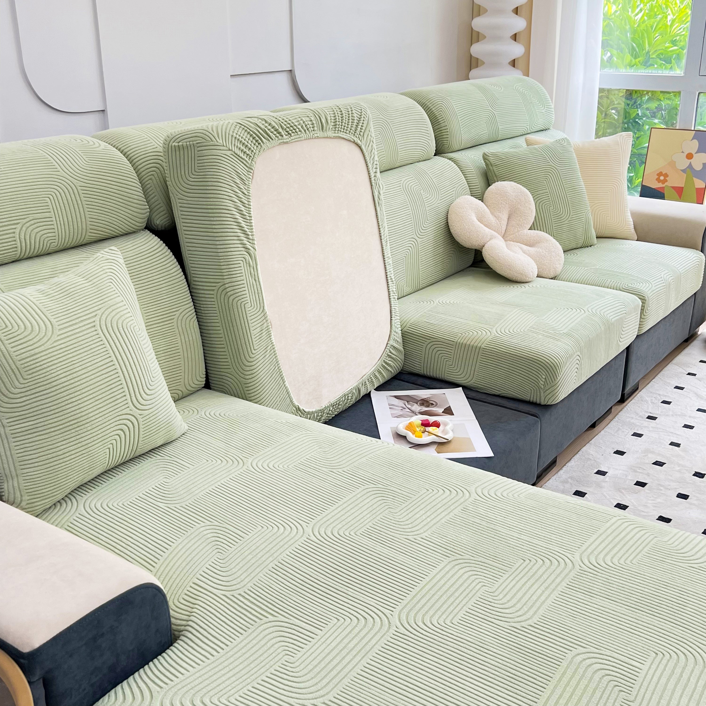 Stretch Couch Cushion Covers, Washable Chaise Lounge Sofa Slipcover, Elastic Furniture Protector For Pets, Kid