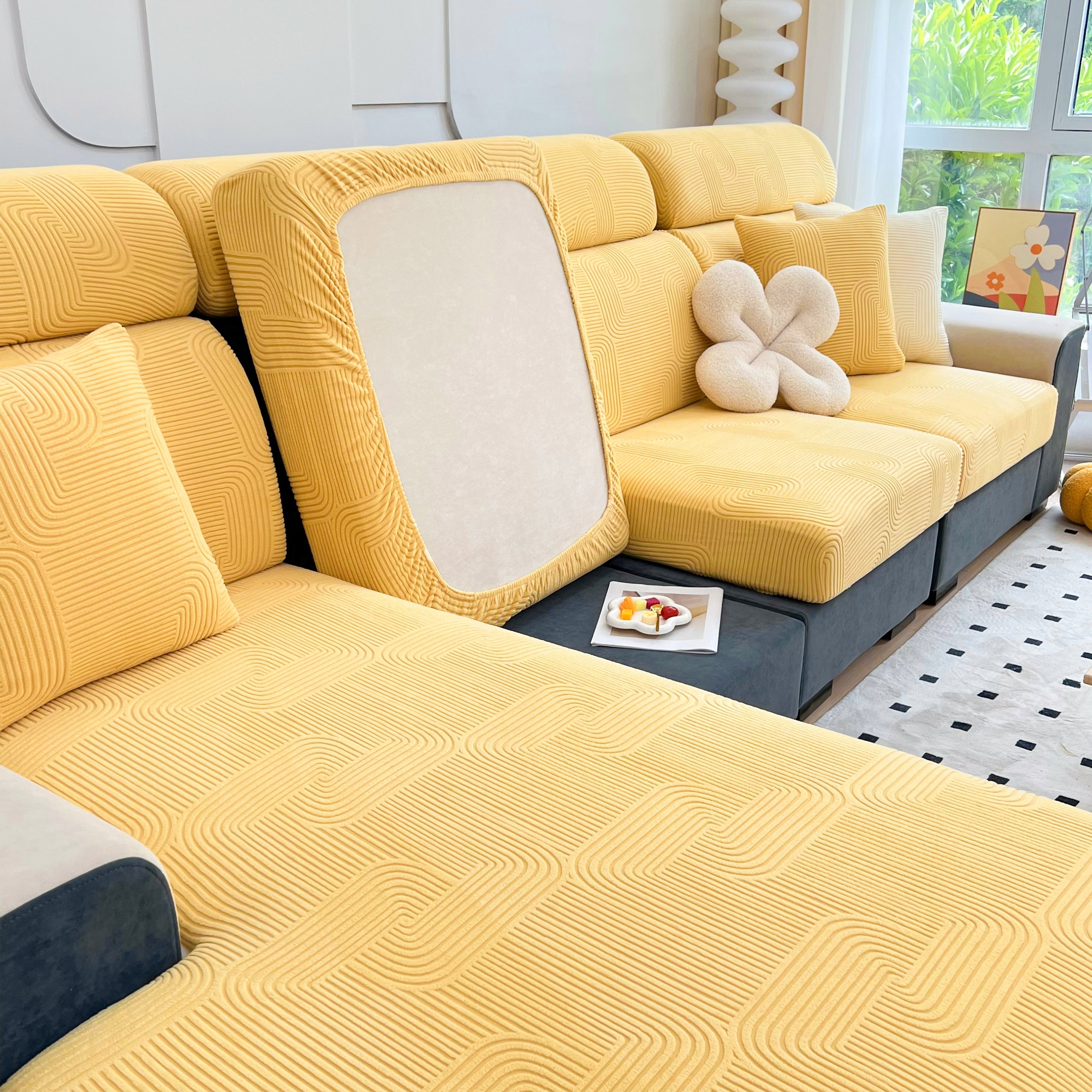 Stretch Couch Cushion Covers, Washable Chaise Lounge Sofa Slipcover, Elastic Furniture Protector For Pets, Kid