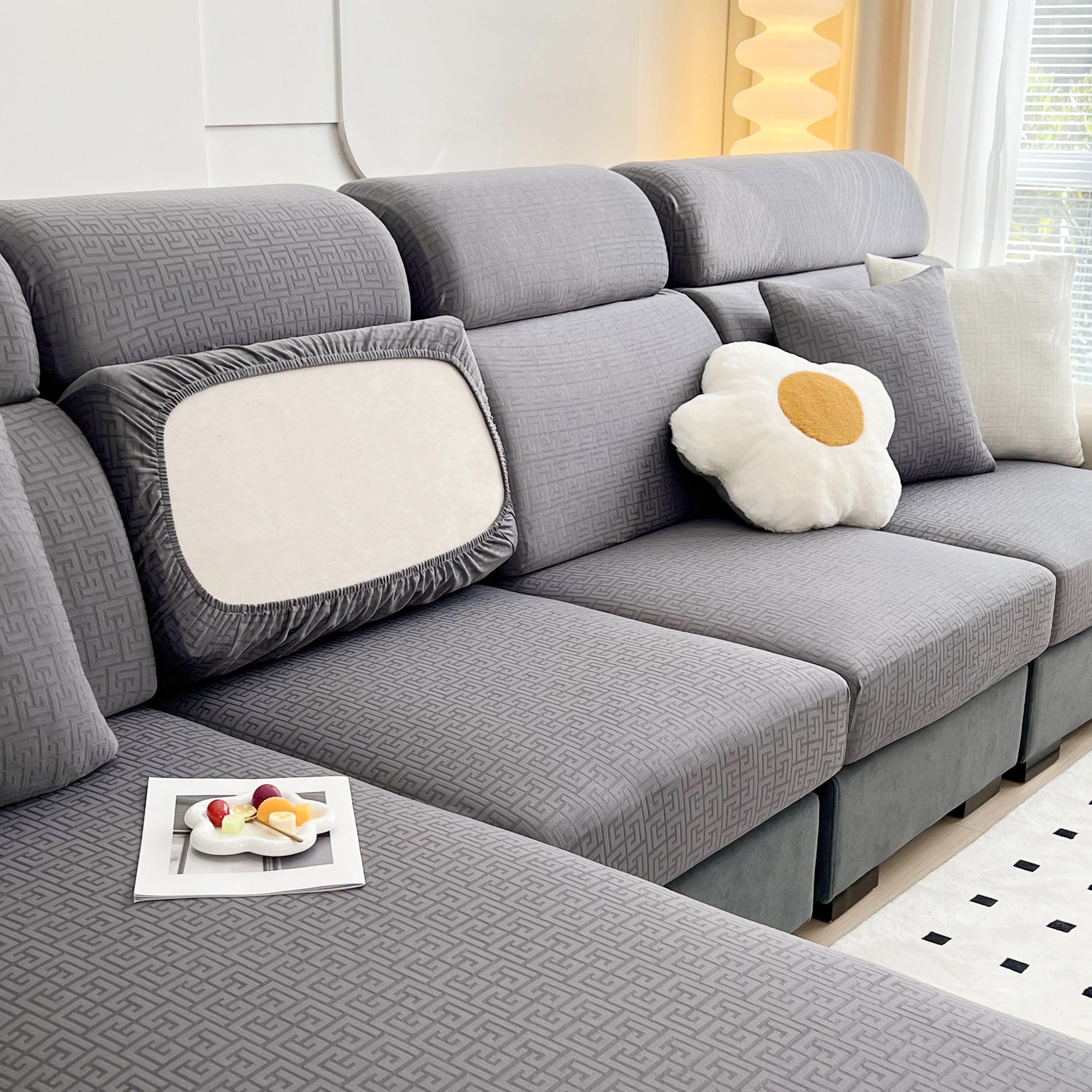 Vedic Chant Jacquard Fleece Fabric Stretch Cushion Cover, Non-slip Furniture Protector For Kids, Chaise Lounge Cushion Covers