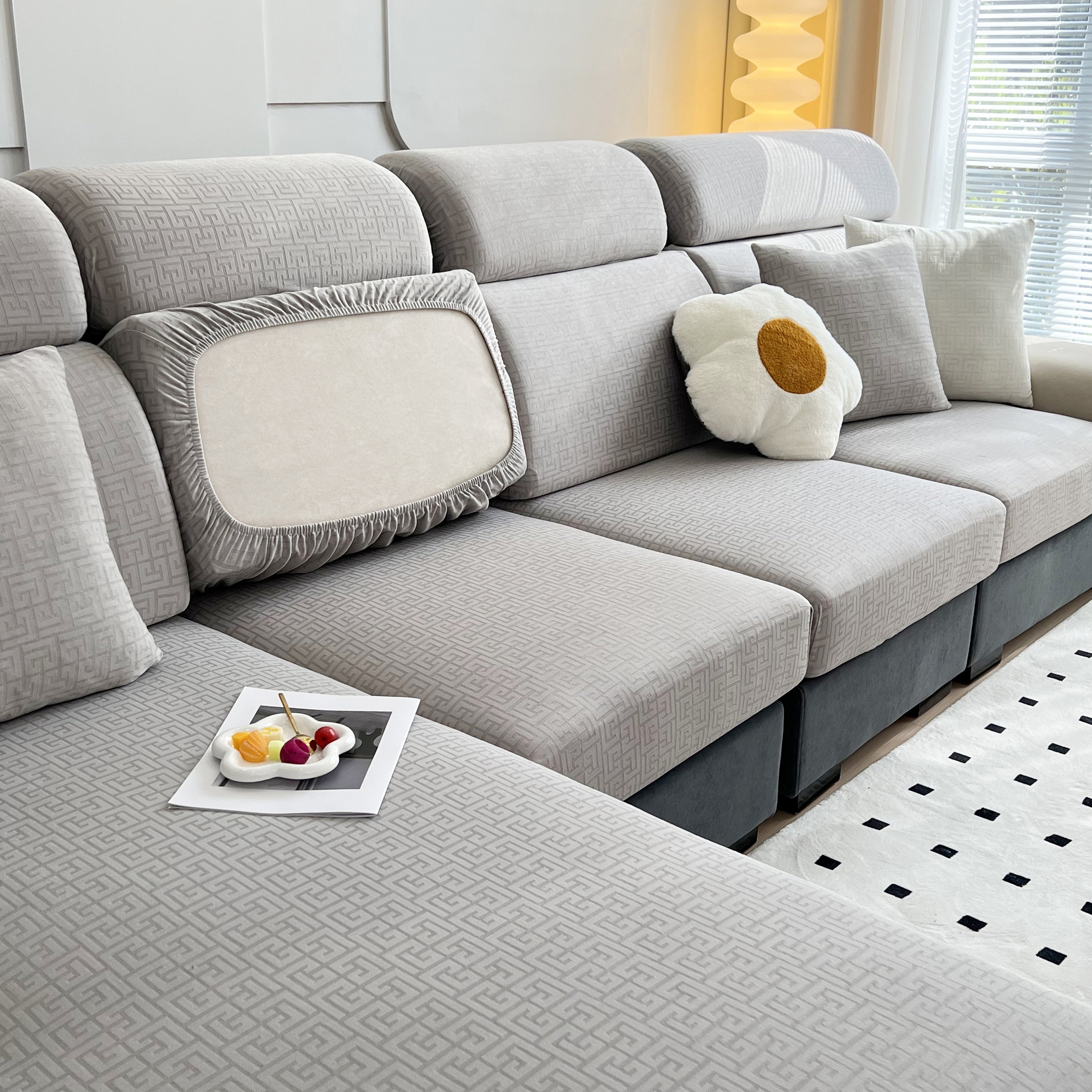 Vedic Chant Jacquard Fleece Fabric Stretch Cushion Cover, Non-slip Furniture Protector For Kids, Chaise Lounge Cushion Covers