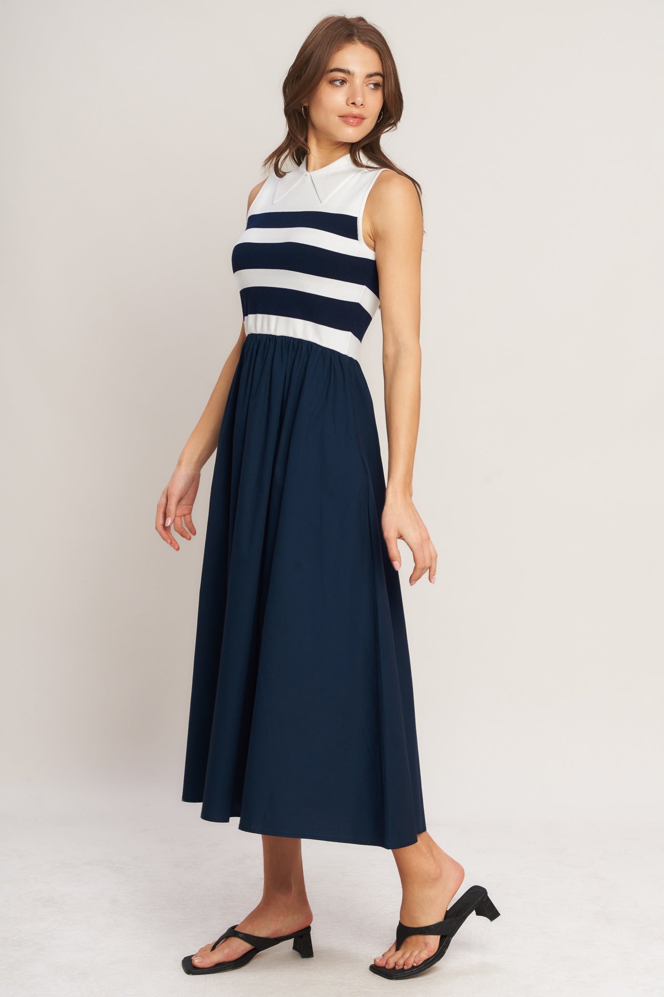Stripe Elegance Sweater Woven Midi Dress