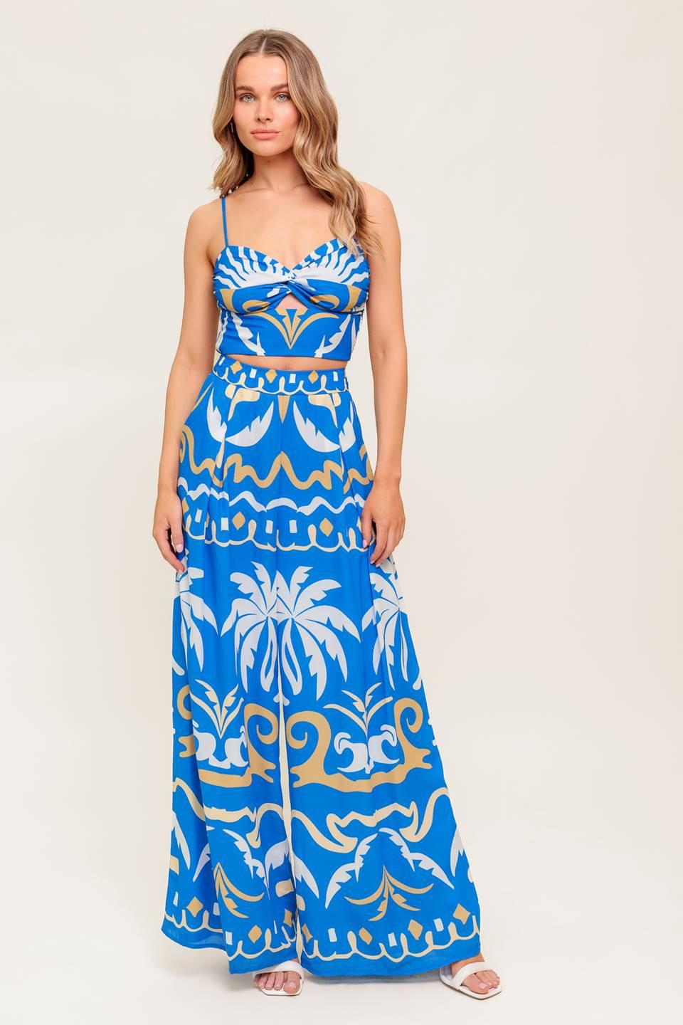 Evening Blue Woven Crop Top And Pant Set