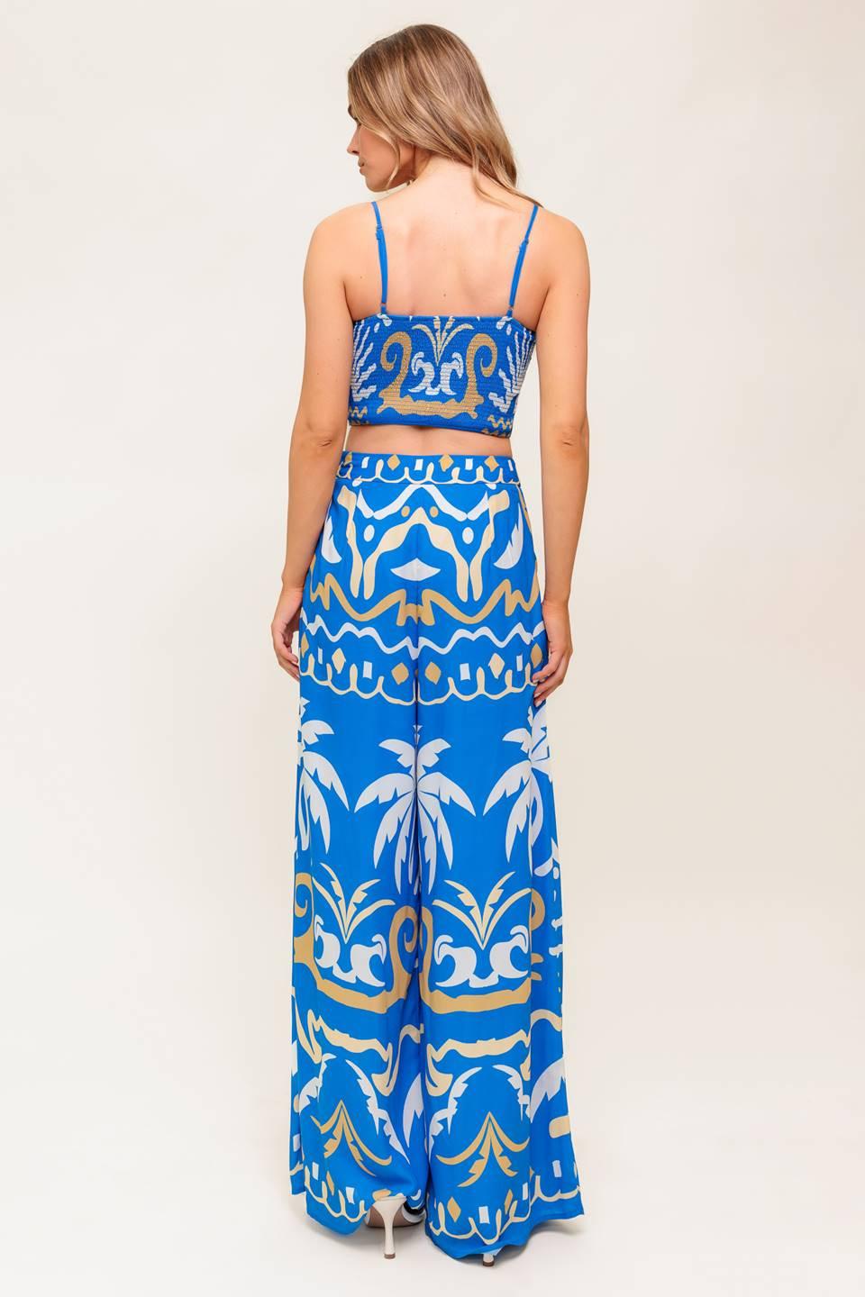 Evening Blue Woven Crop Top And Pant Set