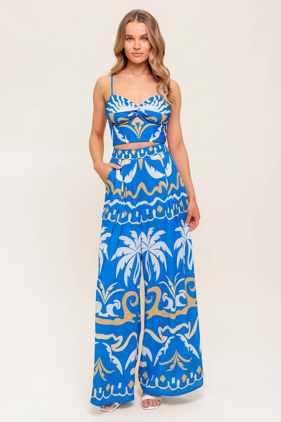 Evening Blue Woven Crop Top And Pant Set