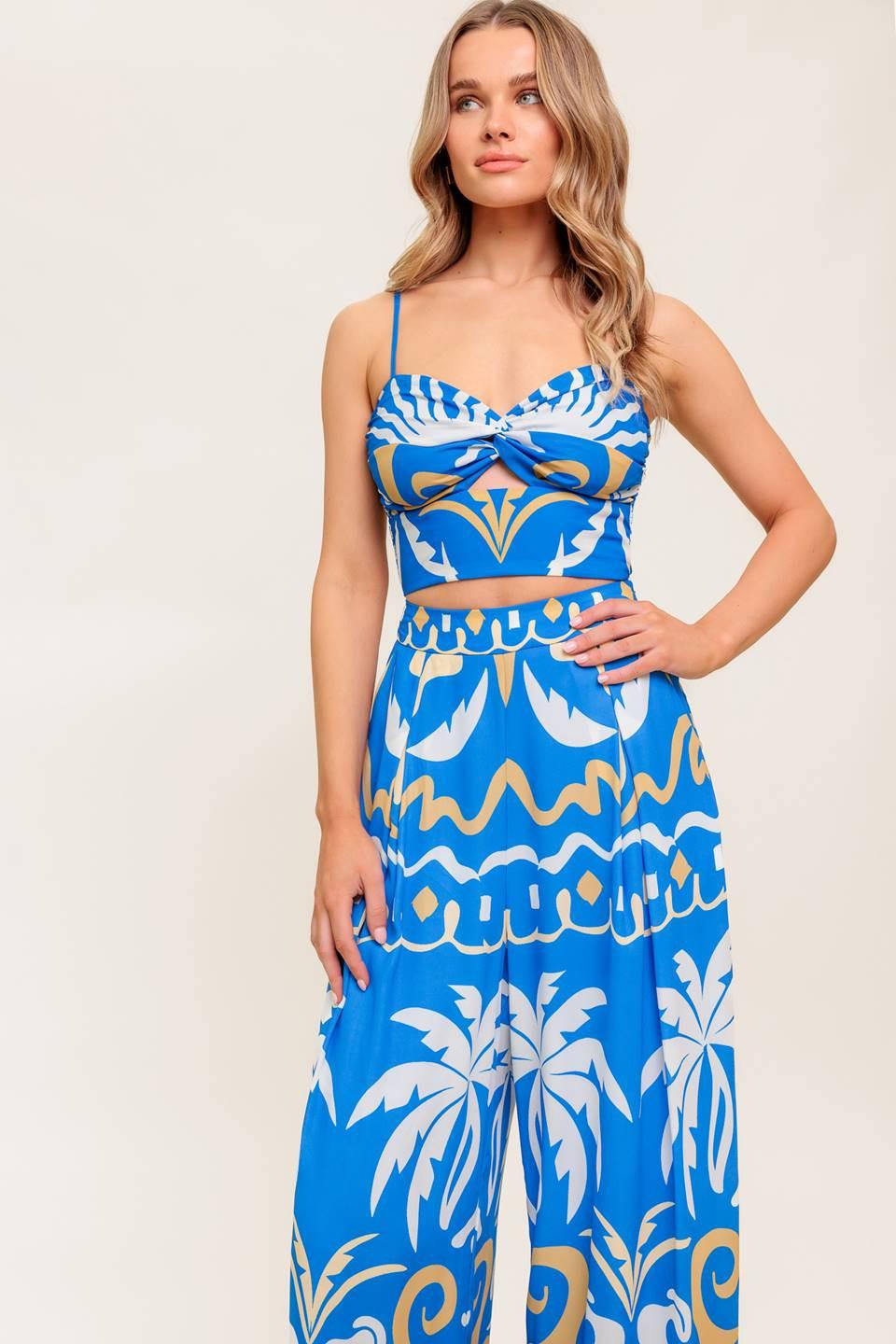 Evening Blue Woven Crop Top And Pant Set