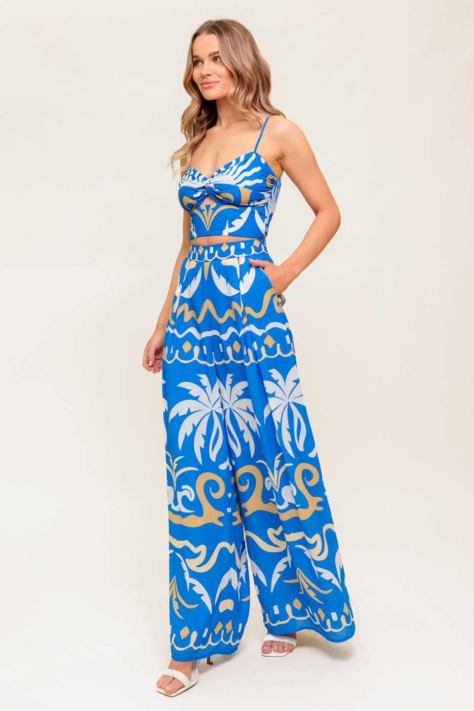 Evening Blue Woven Crop Top And Pant Set