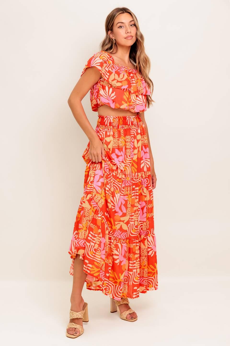Faint Sunbeam Red Woven Top And Skirt Set
