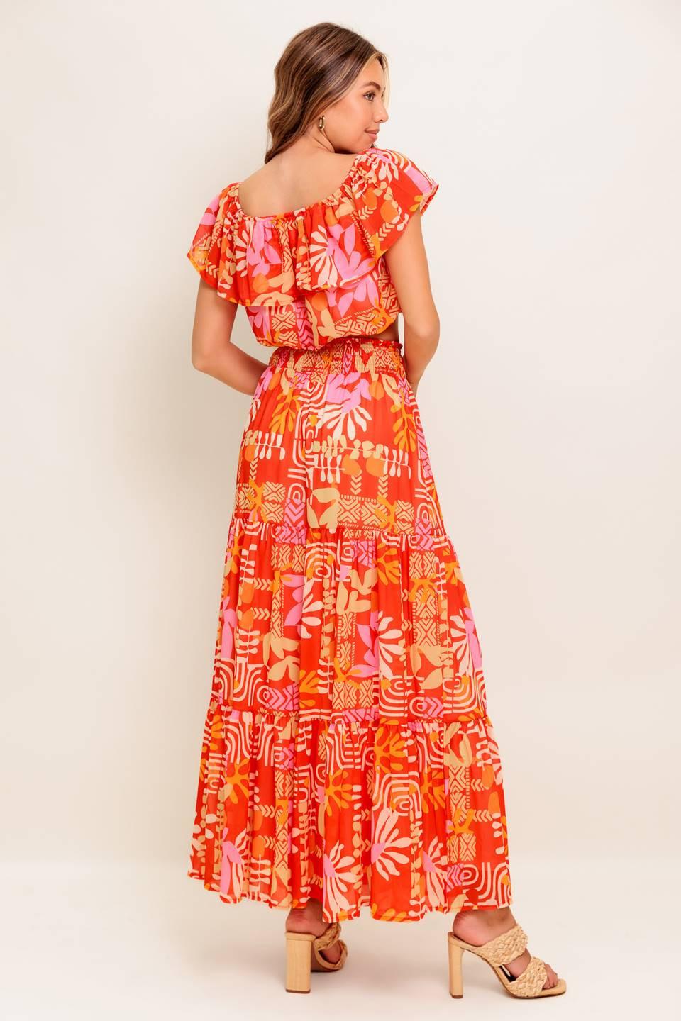 Faint Sunbeam Red Woven Top And Skirt Set