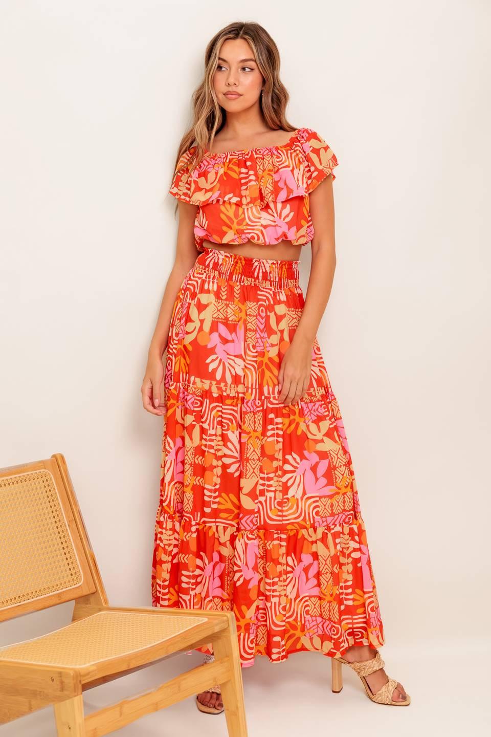 Faint Sunbeam Red Woven Top And Skirt Set