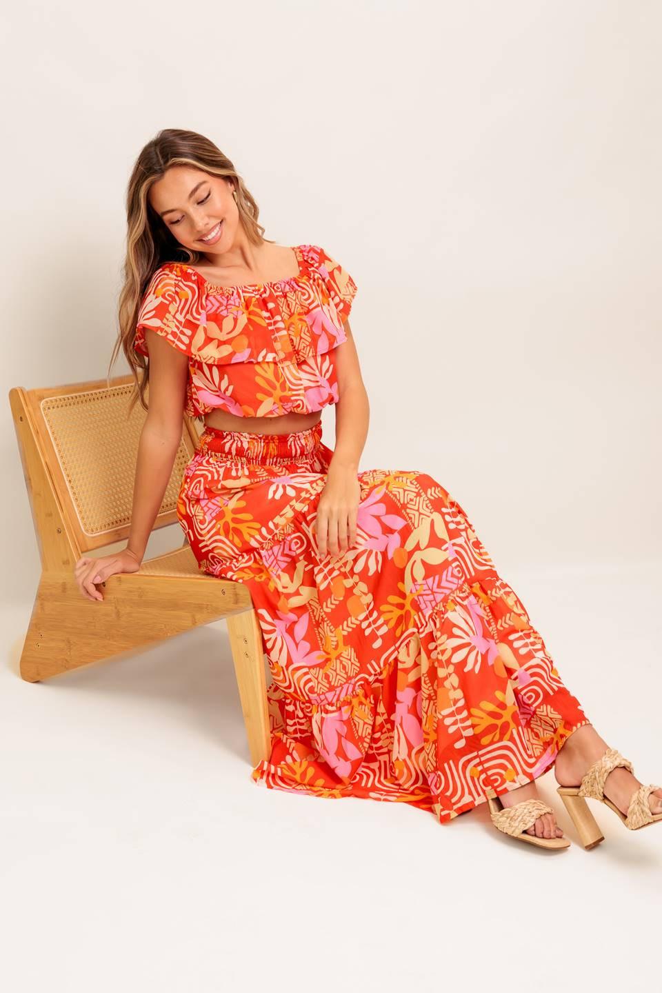 Faint Sunbeam Red Woven Top And Skirt Set