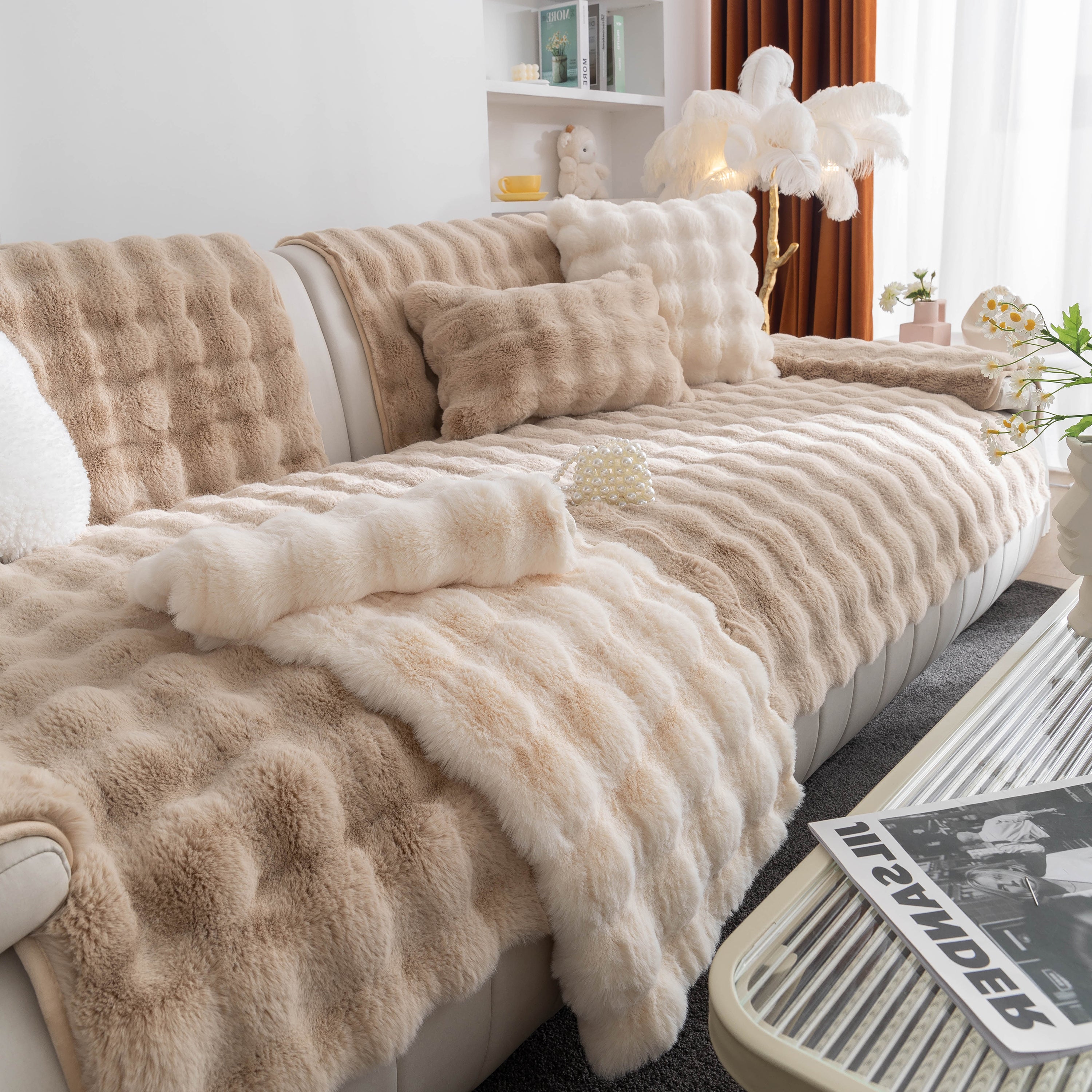 Thick Sofa Cushion Solid Color Faux Fur Fluffy Sofa Cushion Non-slip Couch Covers