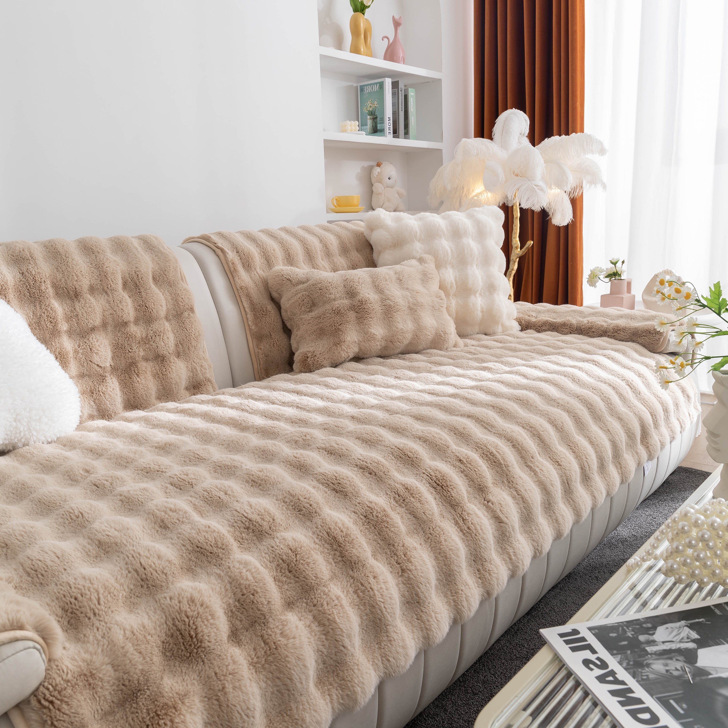 Thick Sofa Cushion Solid Color Faux Fur Fluffy Sofa Cushion Non-slip Couch Covers