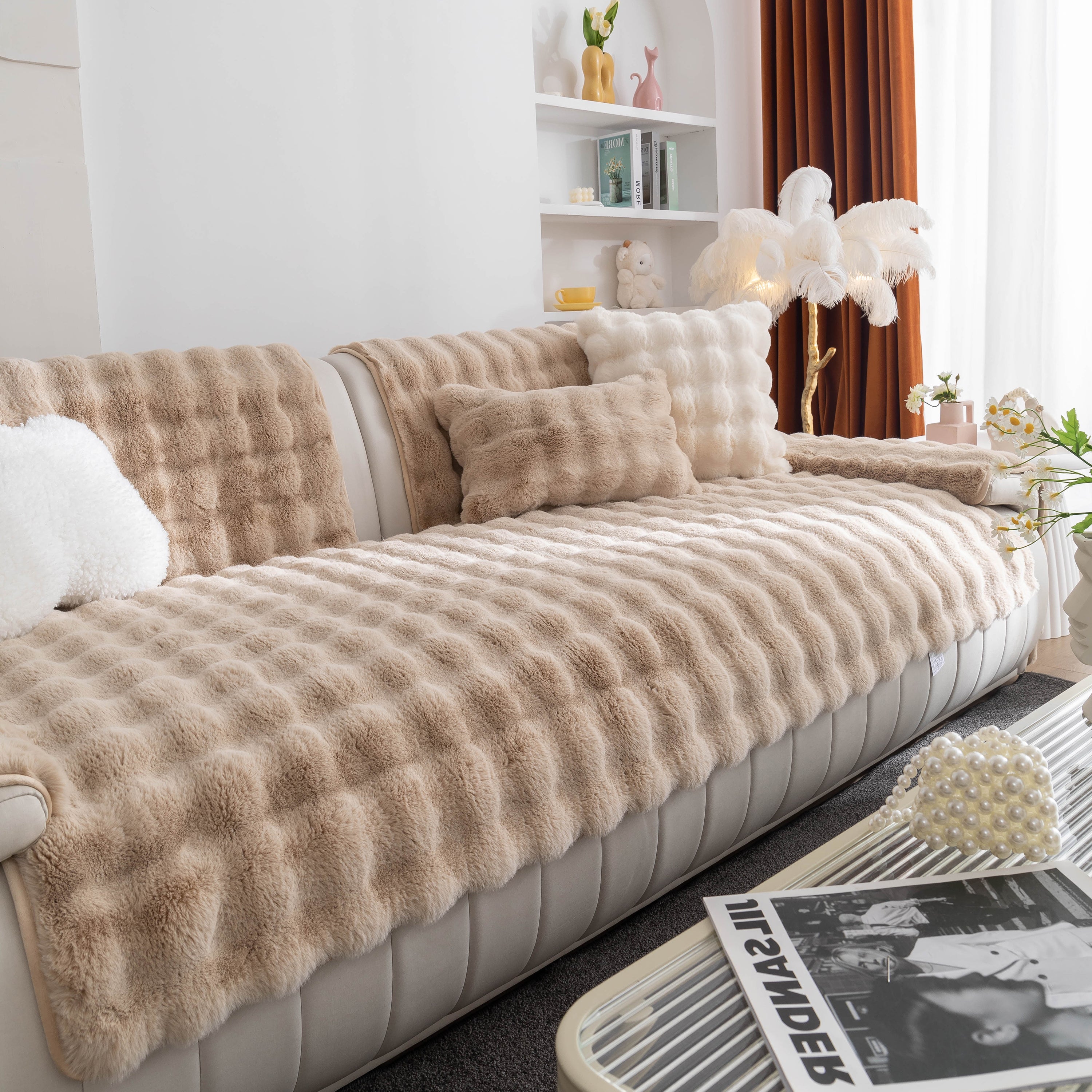 Thick Sofa Cushion Solid Color Faux Fur Fluffy Sofa Cushion Non-slip Couch Covers