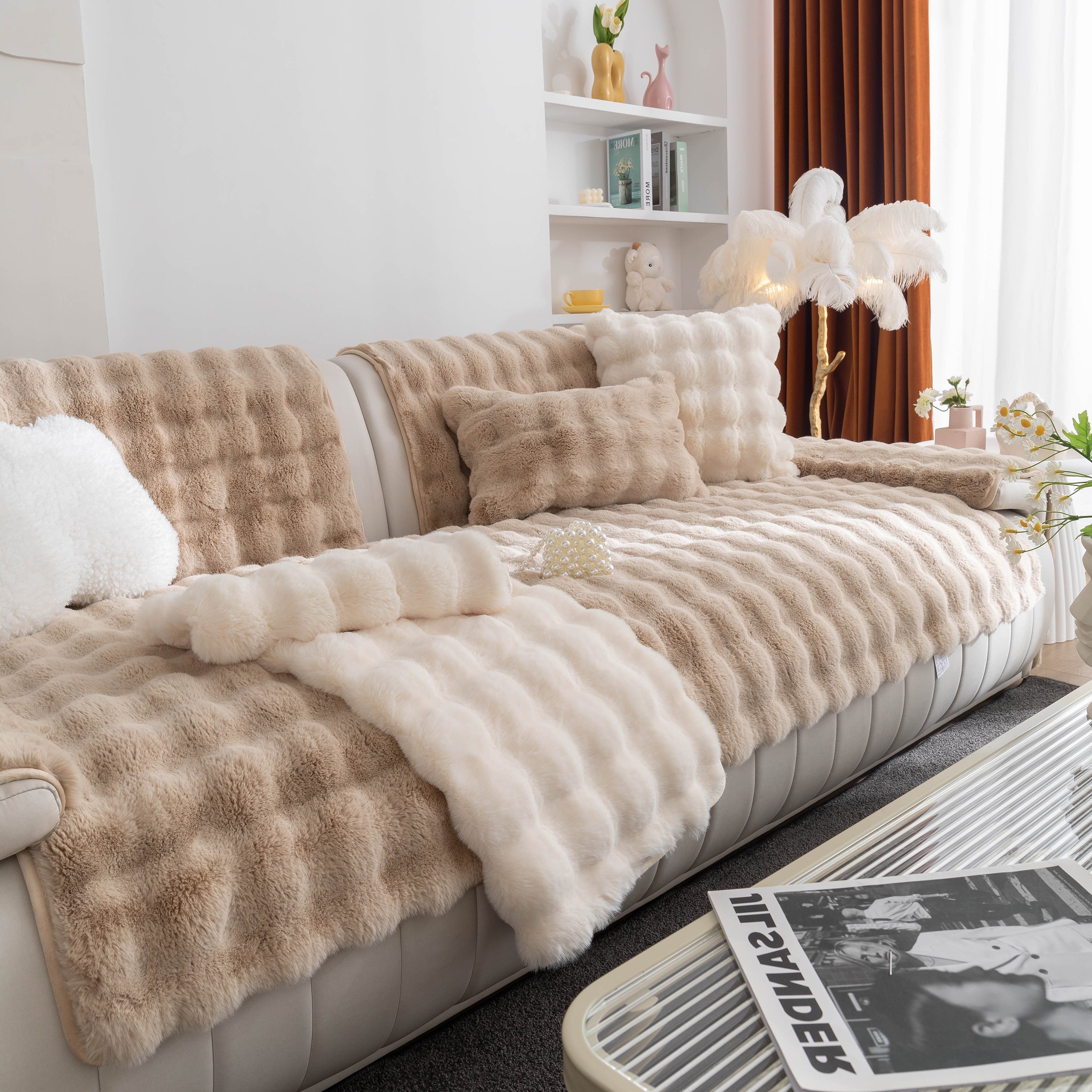 Thick Sofa Cushion Solid Color Faux Fur Fluffy Sofa Cushion Non-slip Couch Covers