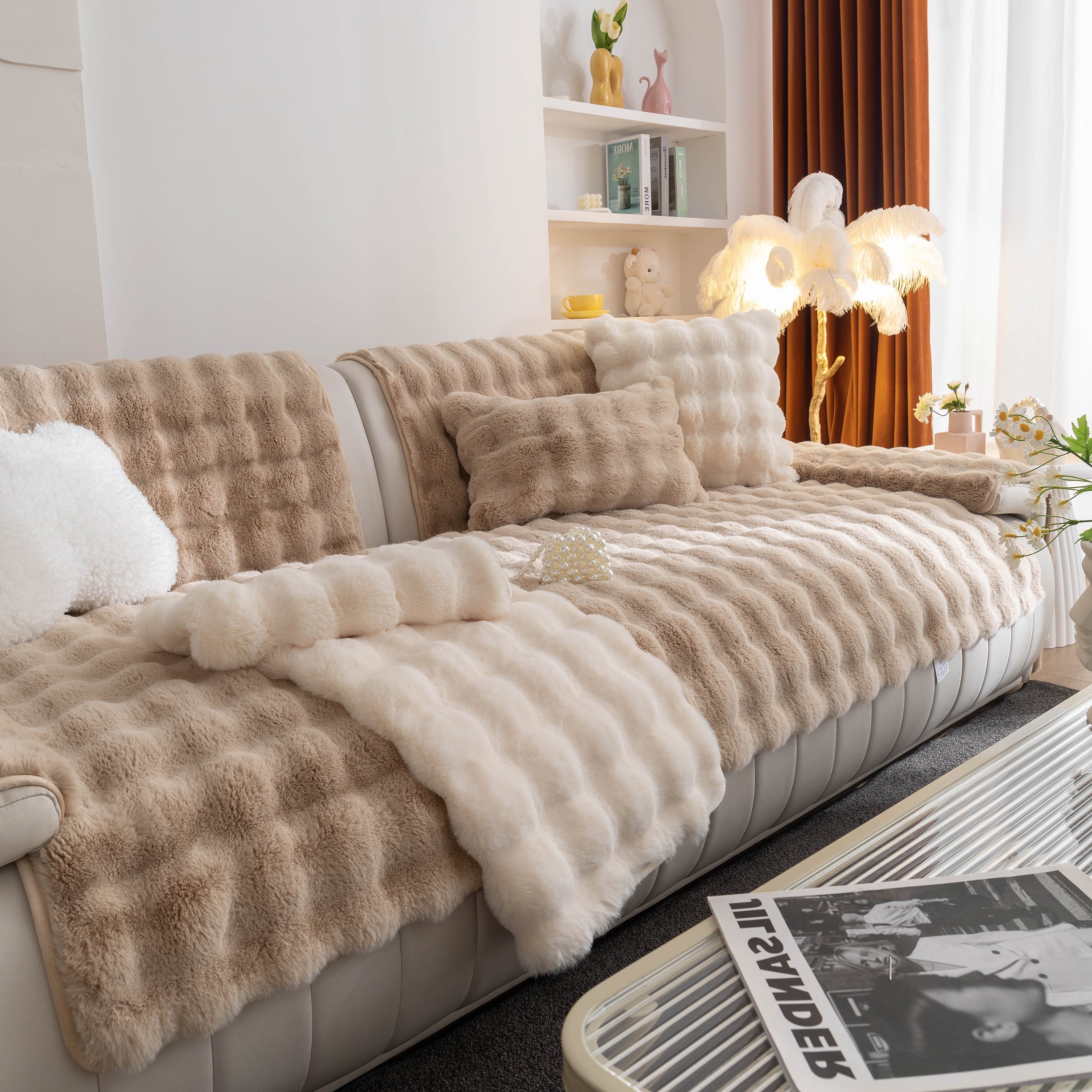 Thick Sofa Cushion Solid Color Faux Fur Fluffy Sofa Cushion Non-slip Couch Covers