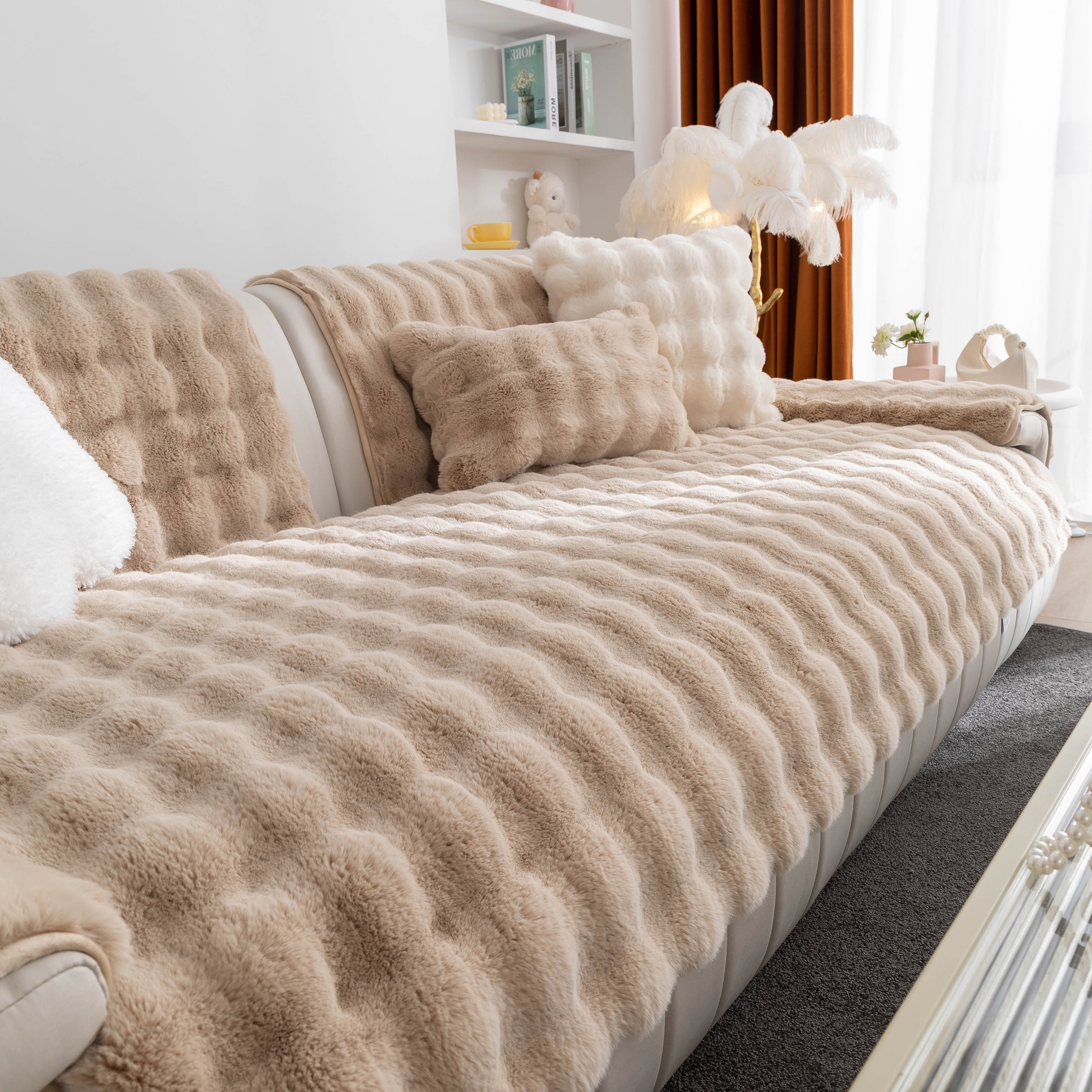 Thick Sofa Cushion Solid Color Faux Fur Fluffy Sofa Cushion Non-slip Couch Covers