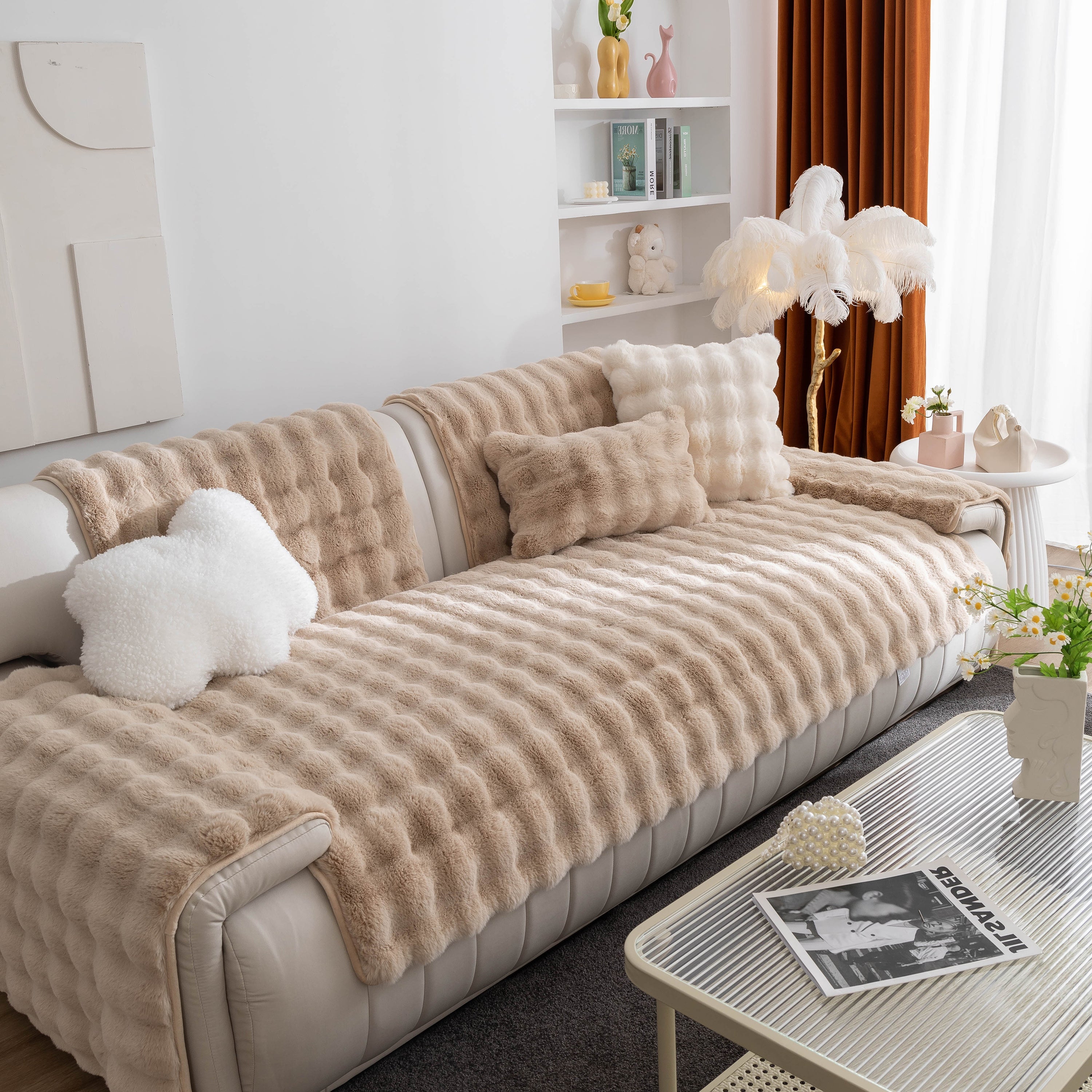 Thick Sofa Cushion Solid Color Faux Fur Fluffy Sofa Cushion Non-slip Couch Covers