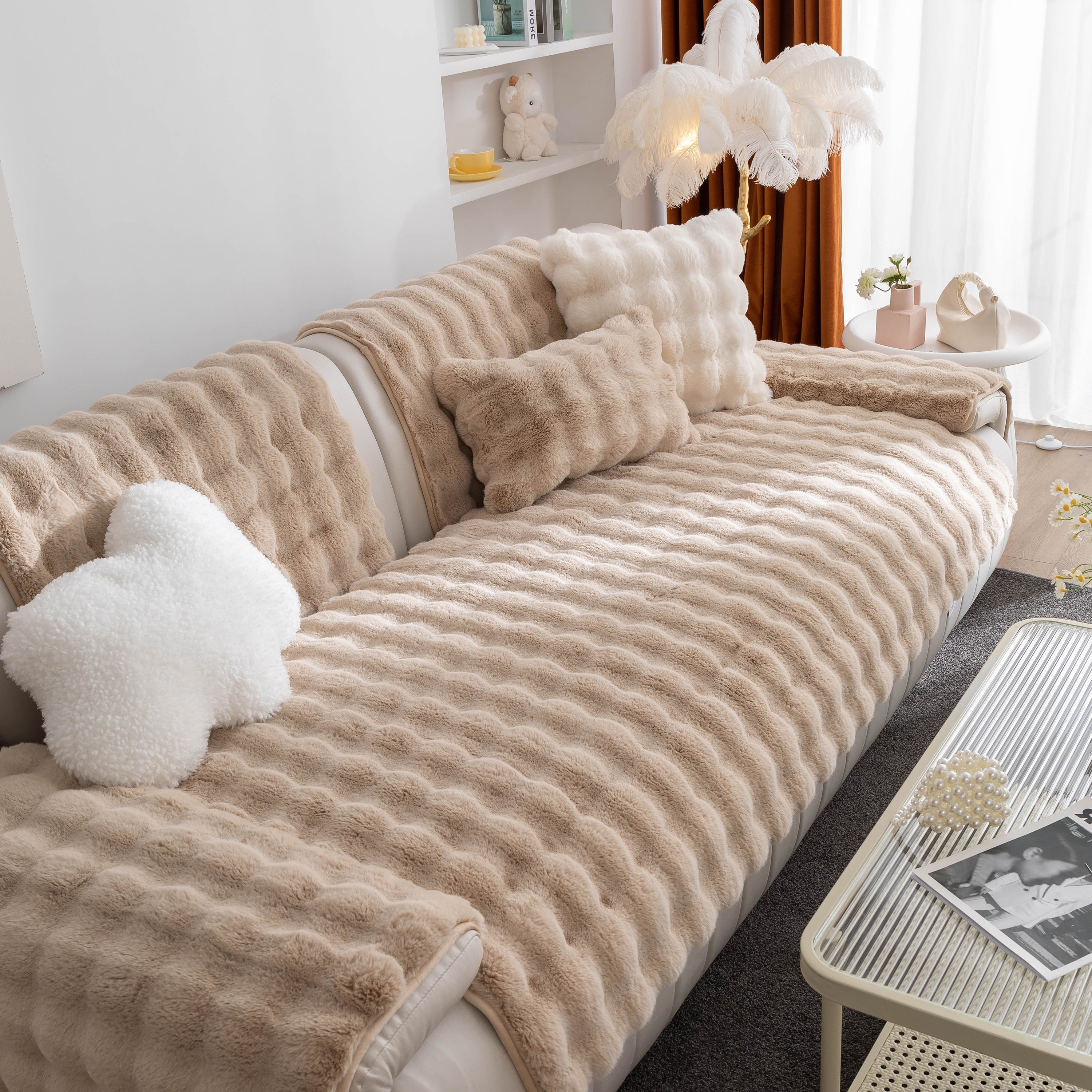 Thick Sofa Cushion Solid Color Faux Fur Fluffy Sofa Cushion Non-slip Couch Covers