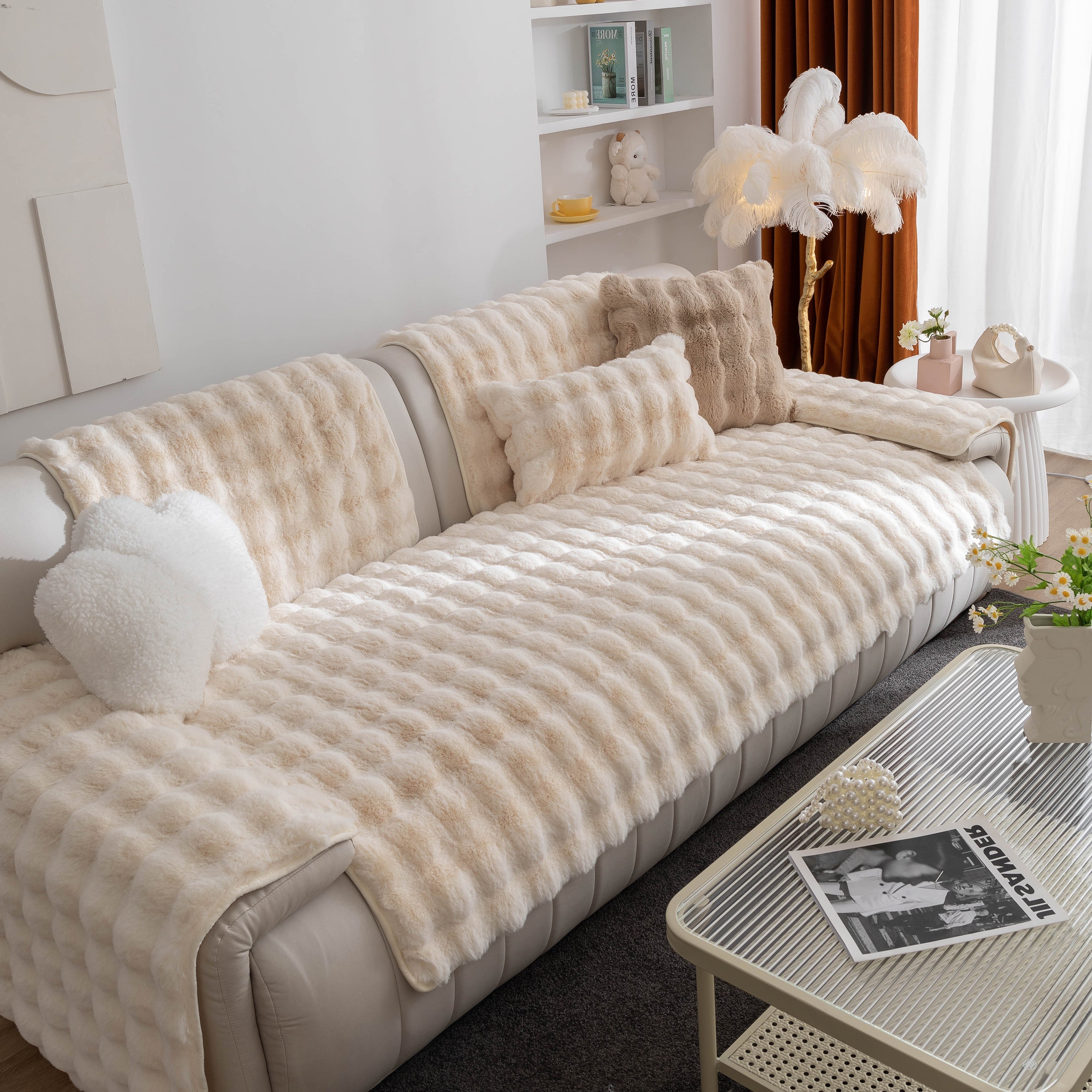 Thick Sofa Cushion Solid Color Faux Fur Fluffy Sofa Cushion Non-slip Couch Covers