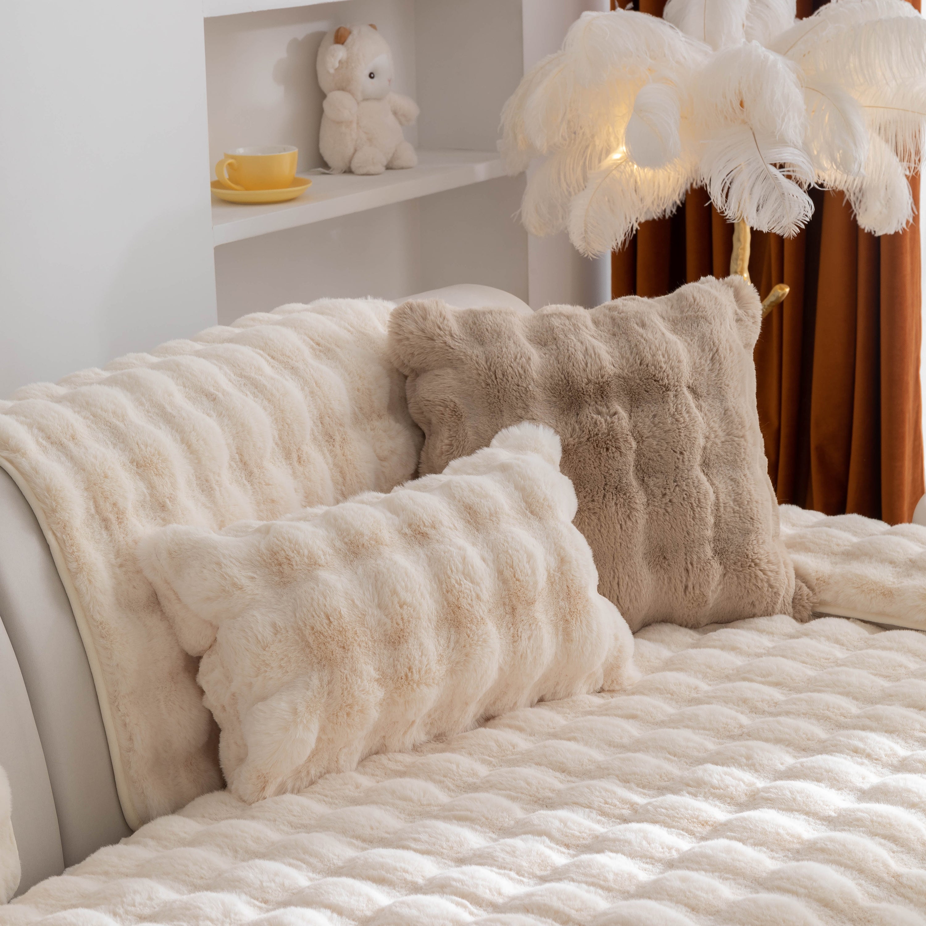 Thick Sofa Cushion Solid Color Faux Fur Fluffy Sofa Cushion Non-slip Couch Covers