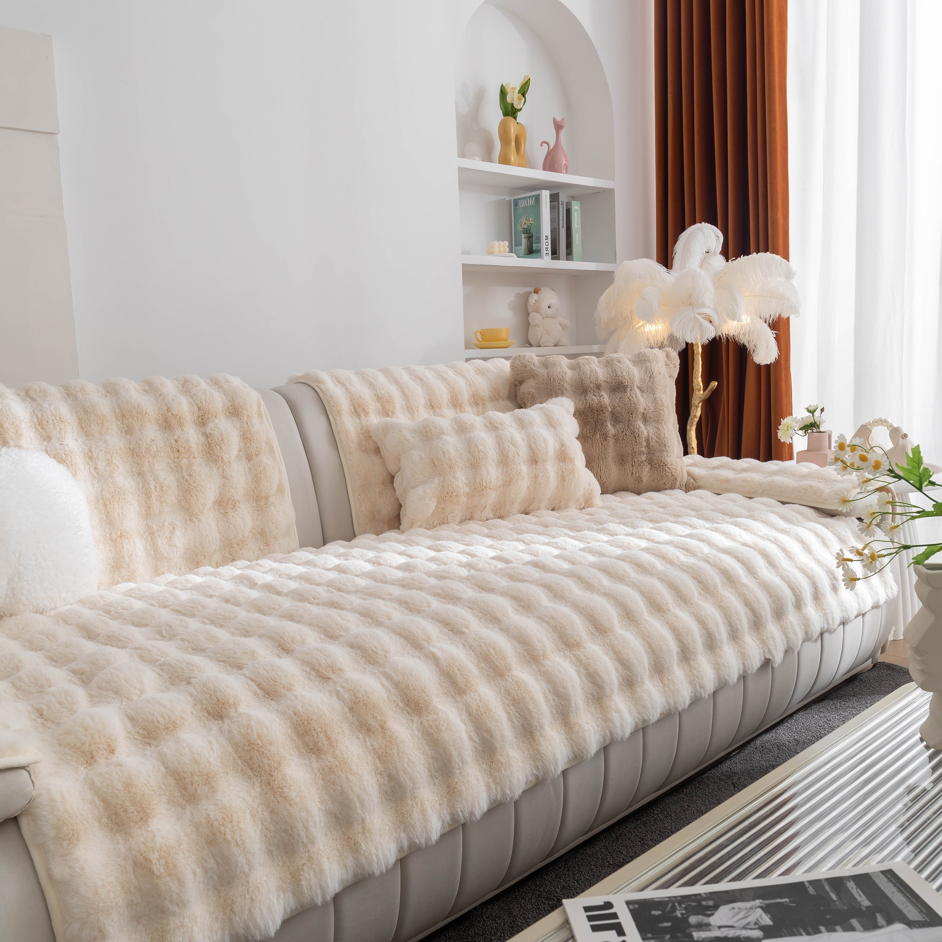Thick Sofa Cushion Solid Color Faux Fur Fluffy Sofa Cushion Non-slip Couch Covers