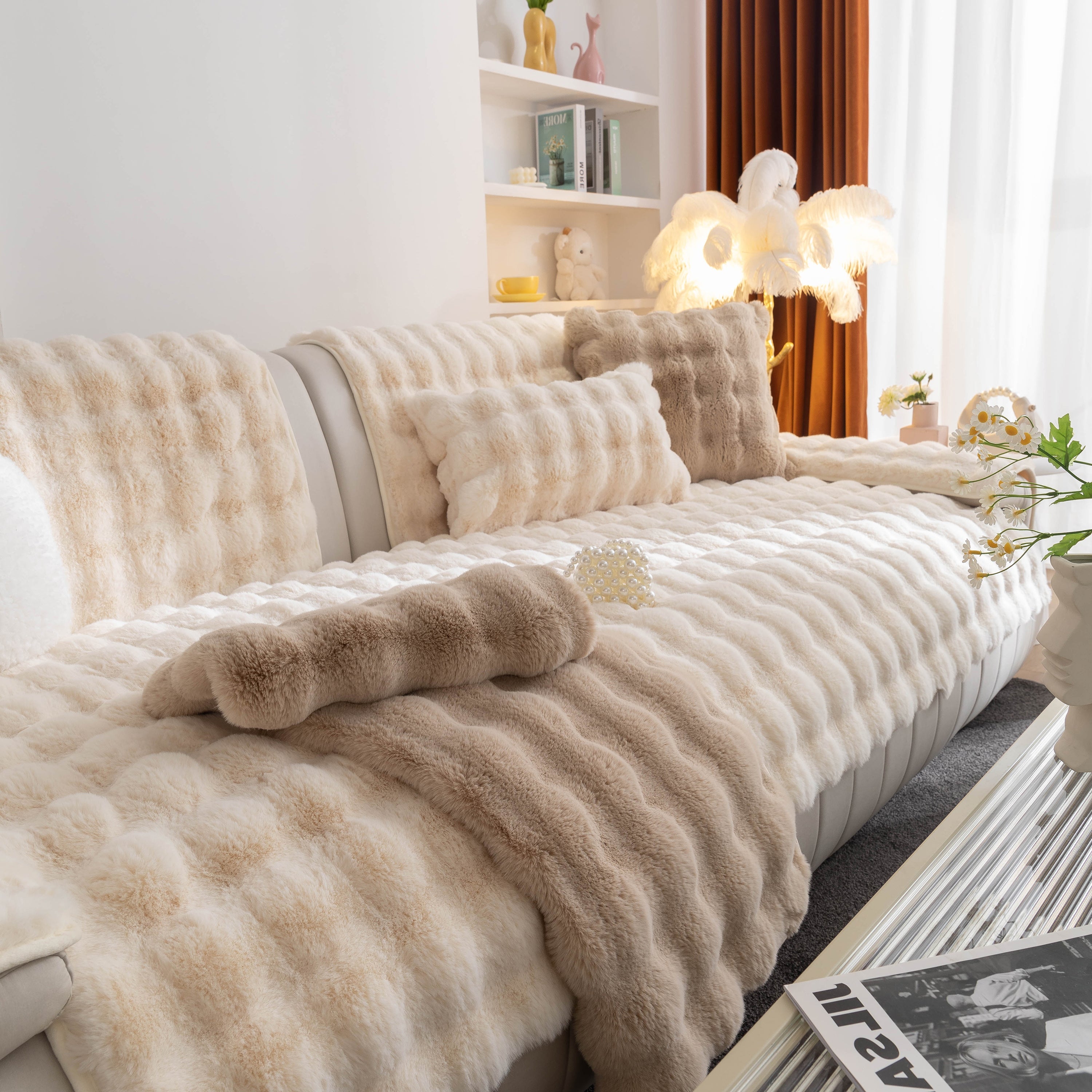 Thick Sofa Cushion Solid Color Faux Fur Fluffy Sofa Cushion Non-slip Couch Covers