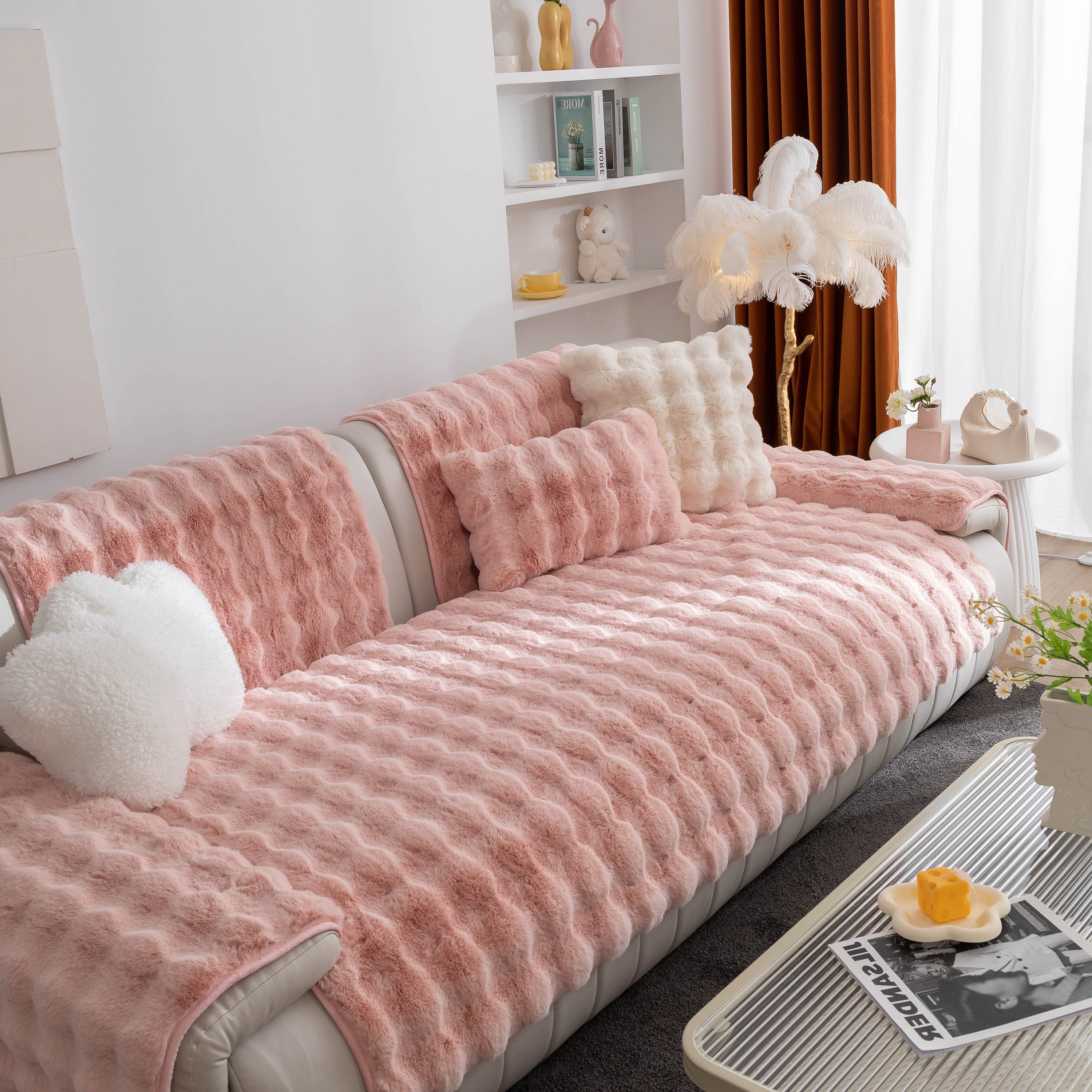 Thick Sofa Cushion Solid Color Faux Fur Fluffy Sofa Cushion Non-slip Couch Covers