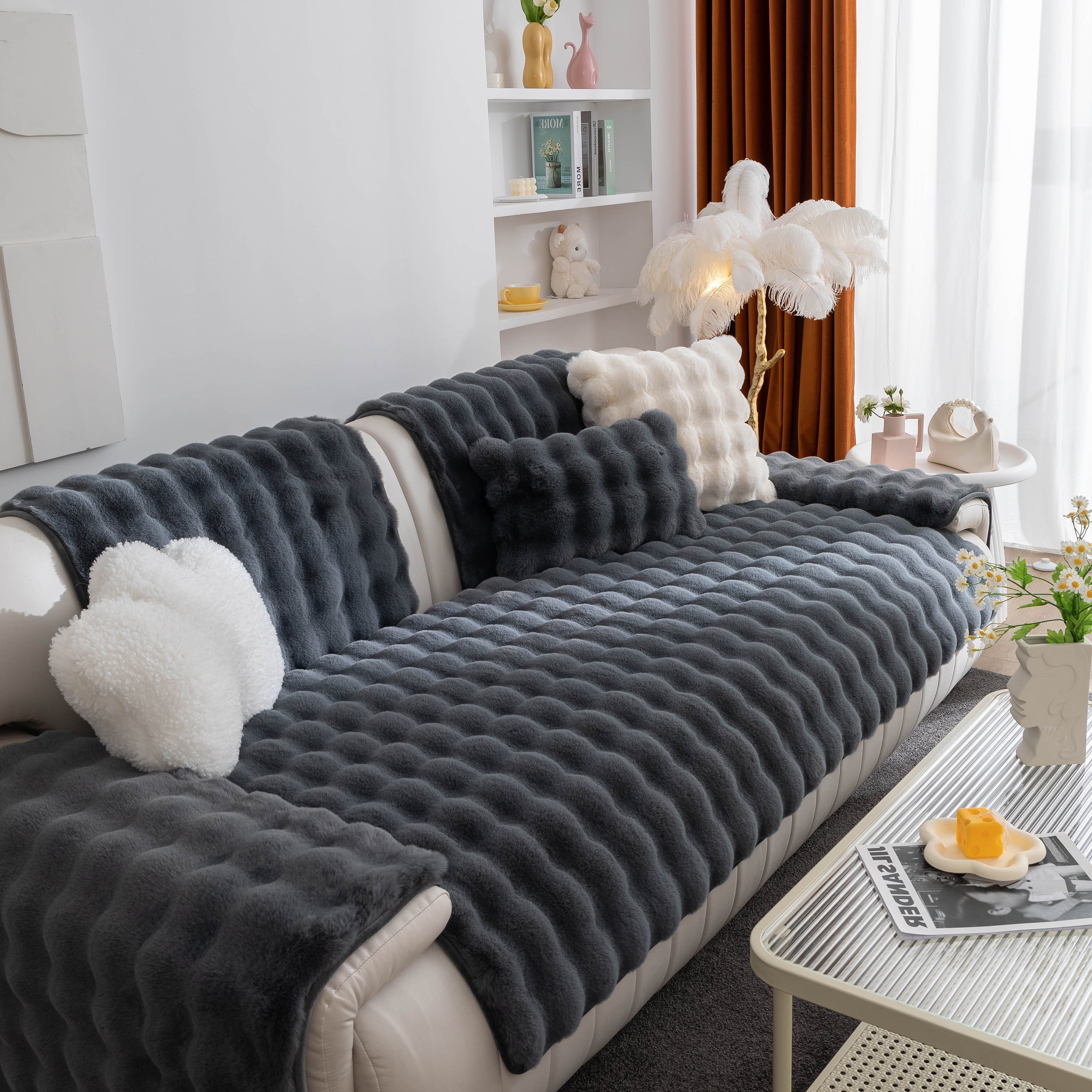 Thick Sofa Cushion Solid Color Faux Fur Fluffy Sofa Cushion Non-slip Couch Covers