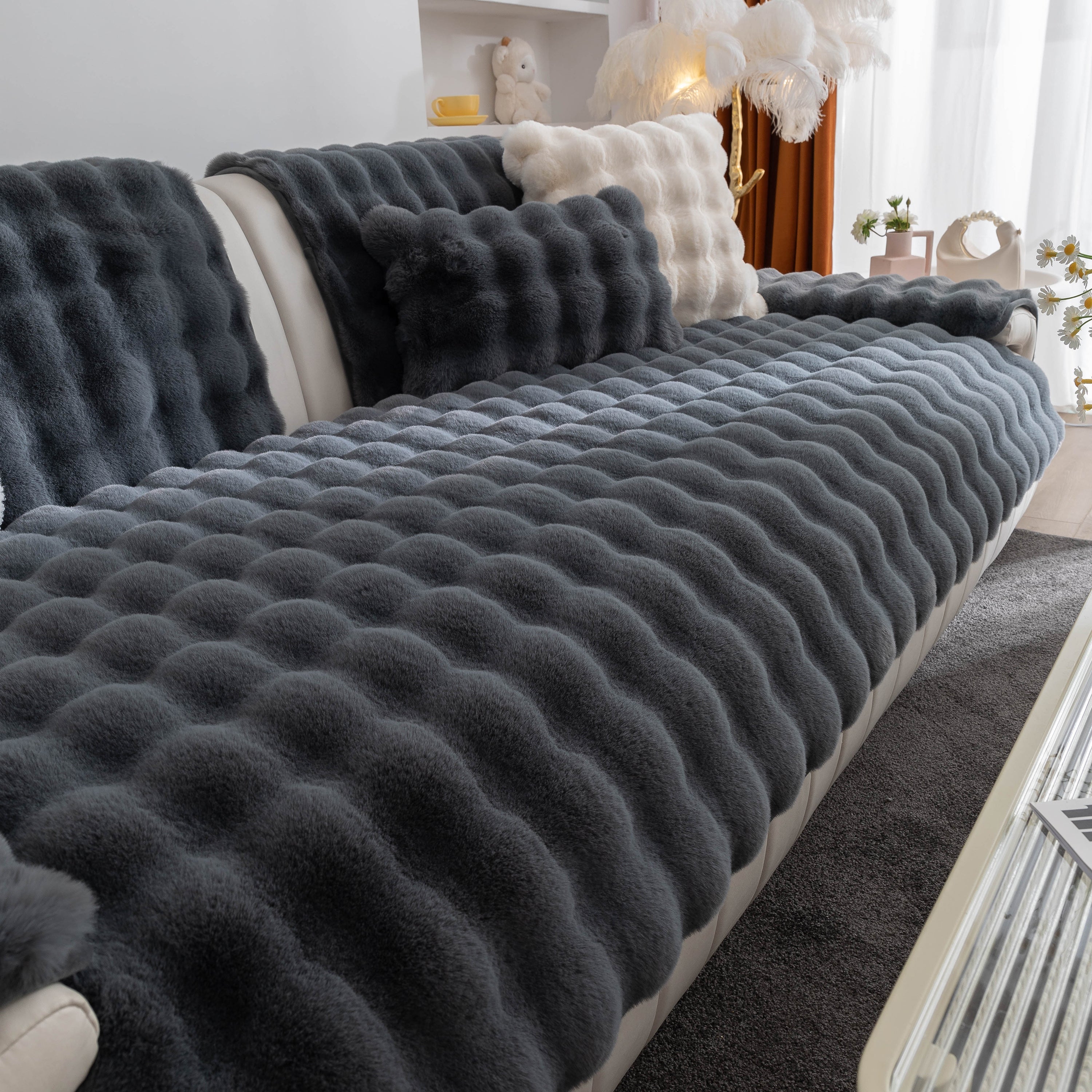 Thick Sofa Cushion Solid Color Faux Fur Fluffy Sofa Cushion Non-slip Couch Covers