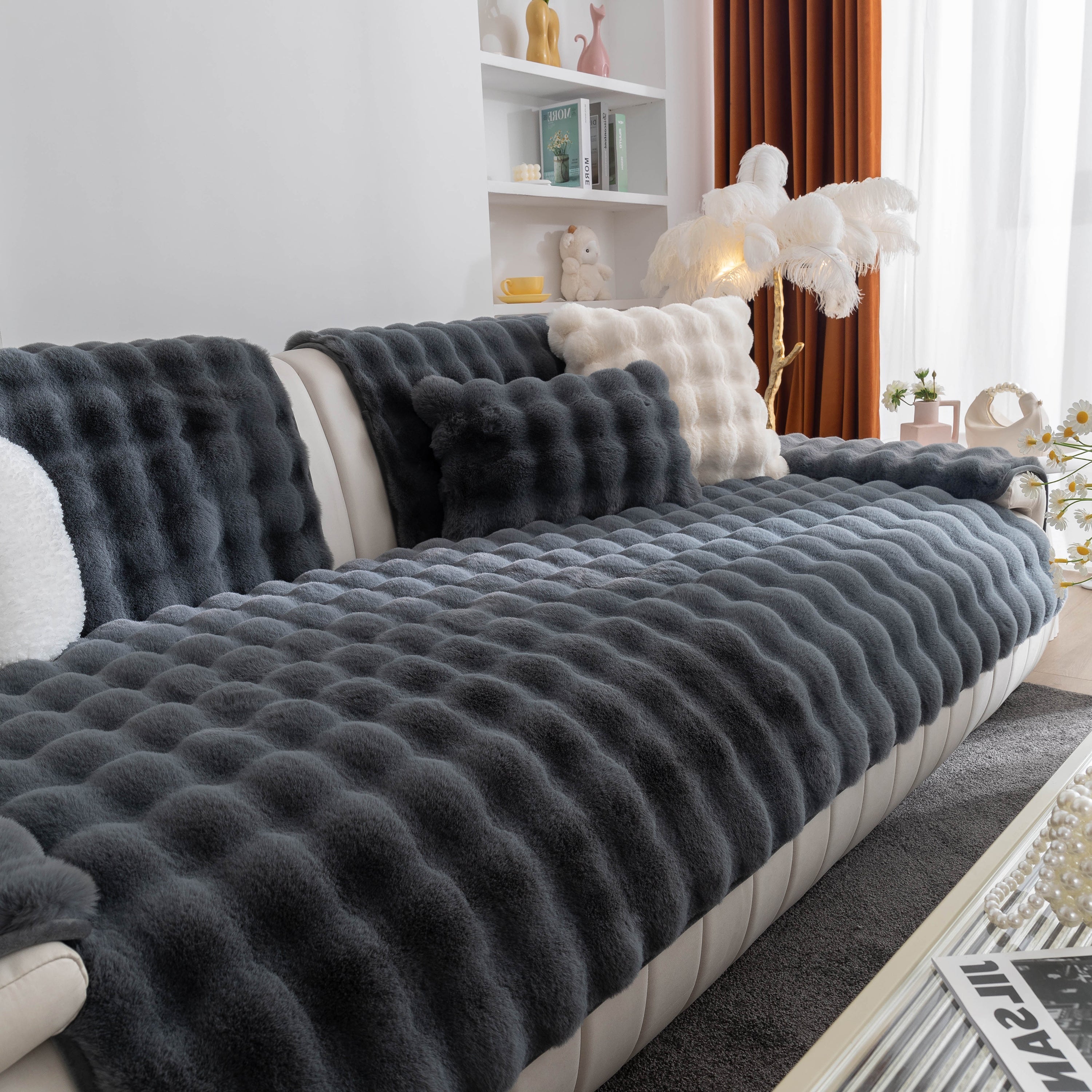 Thick Sofa Cushion Solid Color Faux Fur Fluffy Sofa Cushion Non-slip Couch Covers