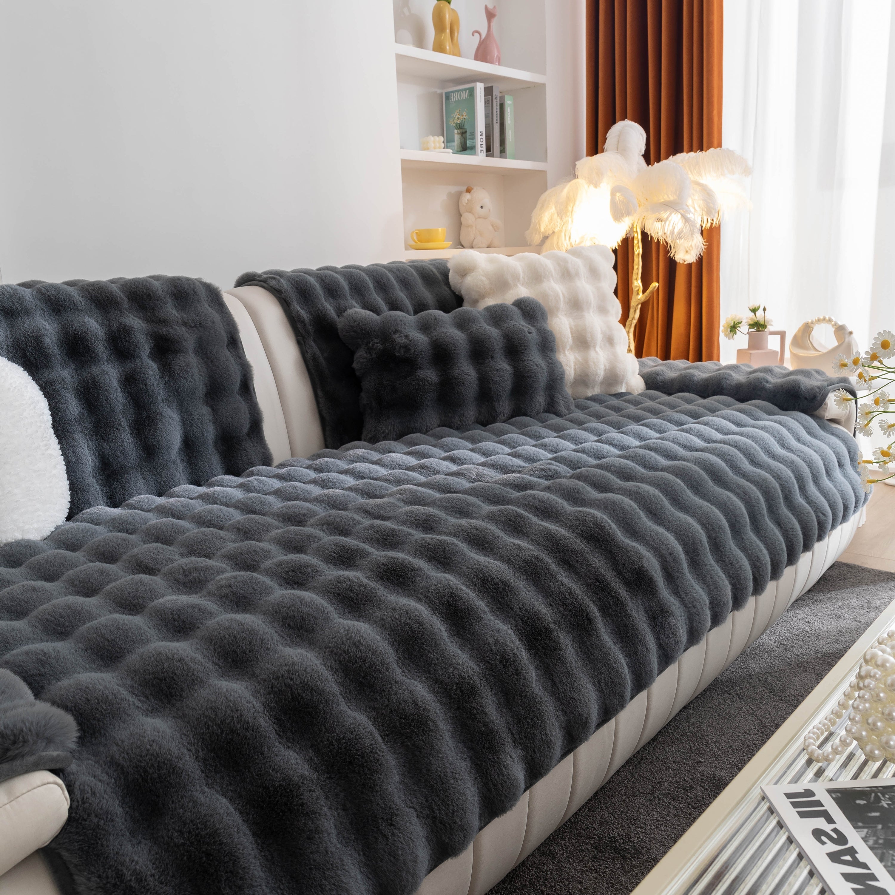Thick Sofa Cushion Solid Color Faux Fur Fluffy Sofa Cushion Non-slip Couch Covers