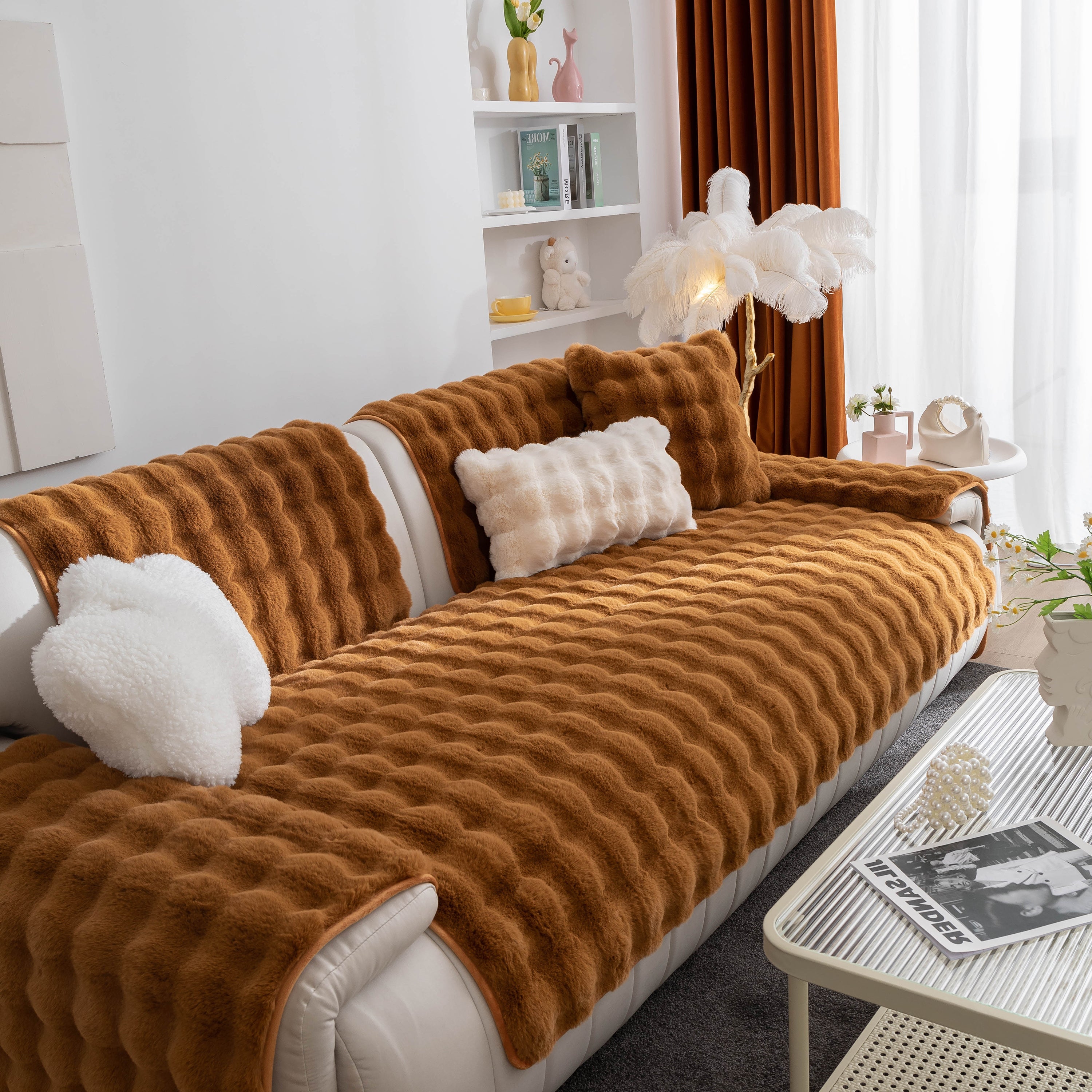 Thick Sofa Cushion Solid Color Faux Fur Fluffy Sofa Cushion Non-slip Couch Covers