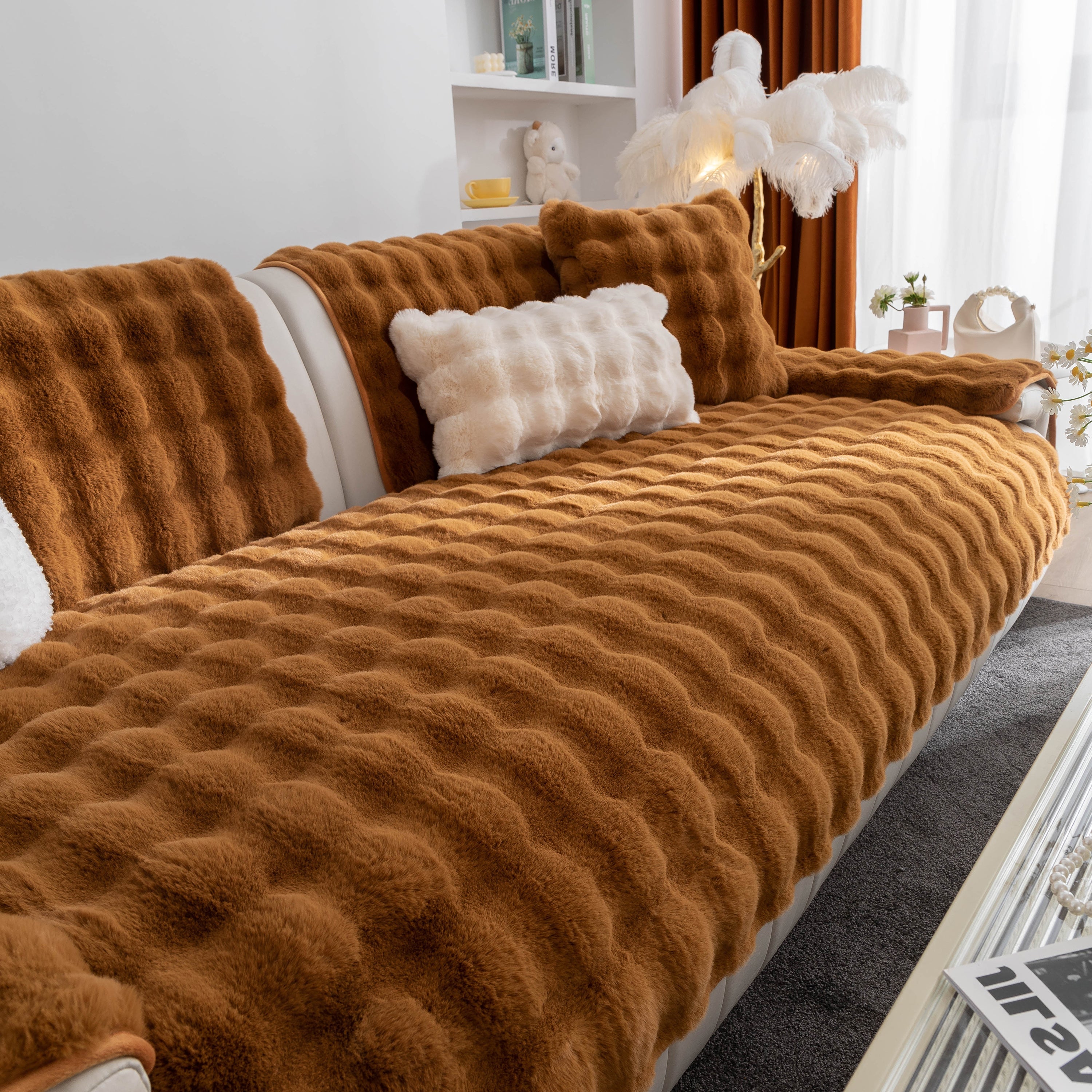 Thick Sofa Cushion Solid Color Faux Fur Fluffy Sofa Cushion Non-slip Couch Covers
