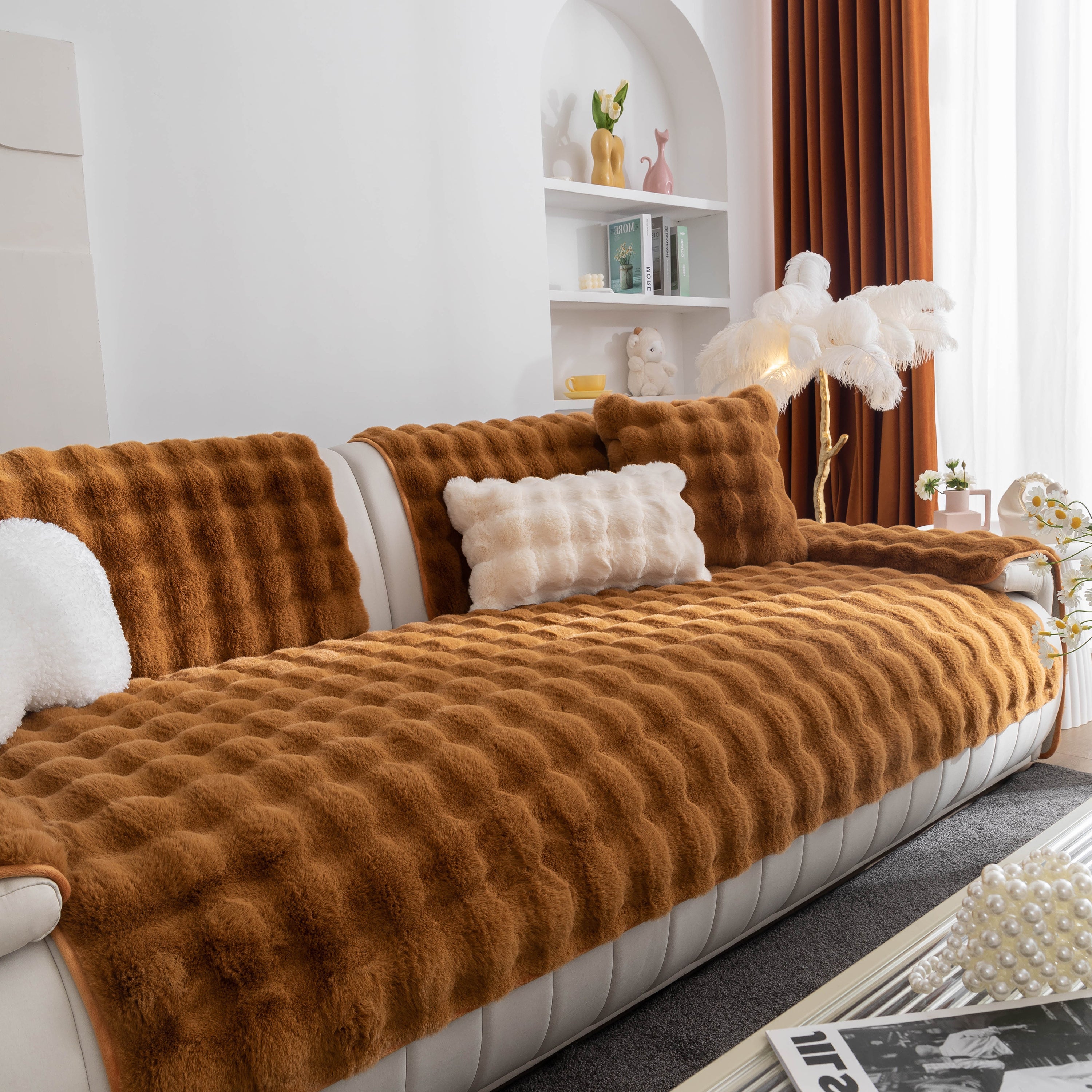 Thick Sofa Cushion Solid Color Faux Fur Fluffy Sofa Cushion Non-slip Couch Covers