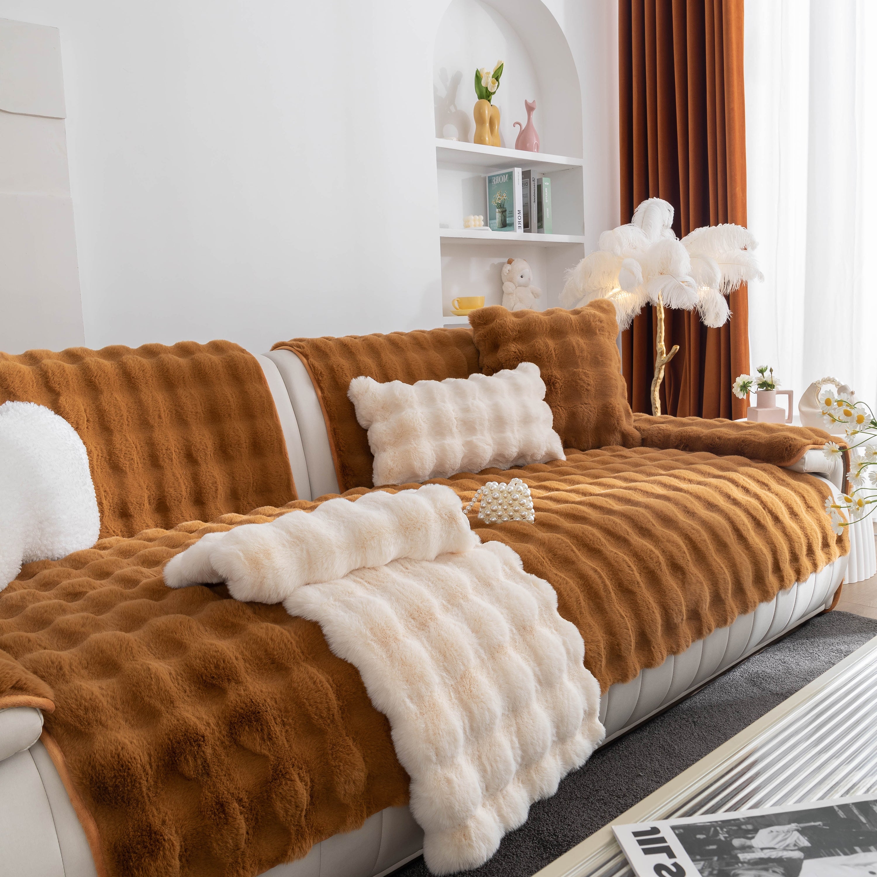 Thick Sofa Cushion Solid Color Faux Fur Fluffy Sofa Cushion Non-slip Couch Covers