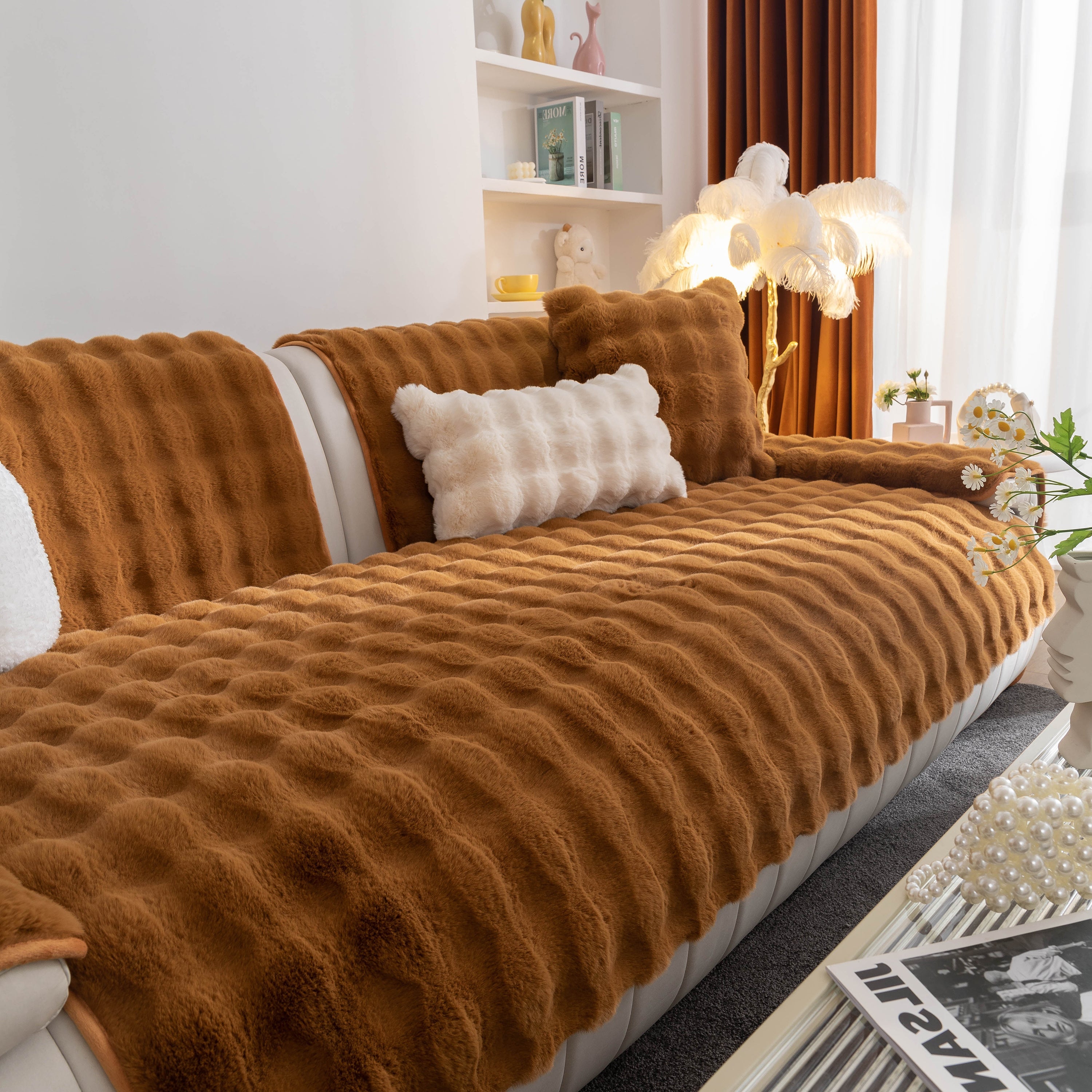 Thick Sofa Cushion Solid Color Faux Fur Fluffy Sofa Cushion Non-slip Couch Covers
