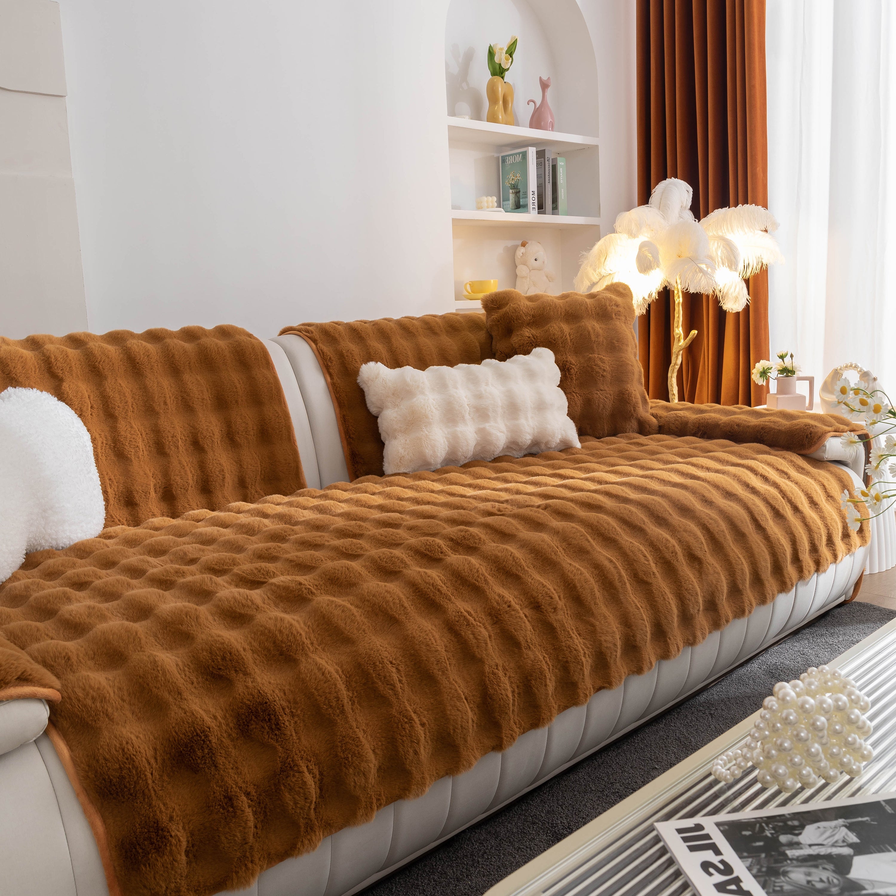 Thick Sofa Cushion Solid Color Faux Fur Fluffy Sofa Cushion Non-slip Couch Covers
