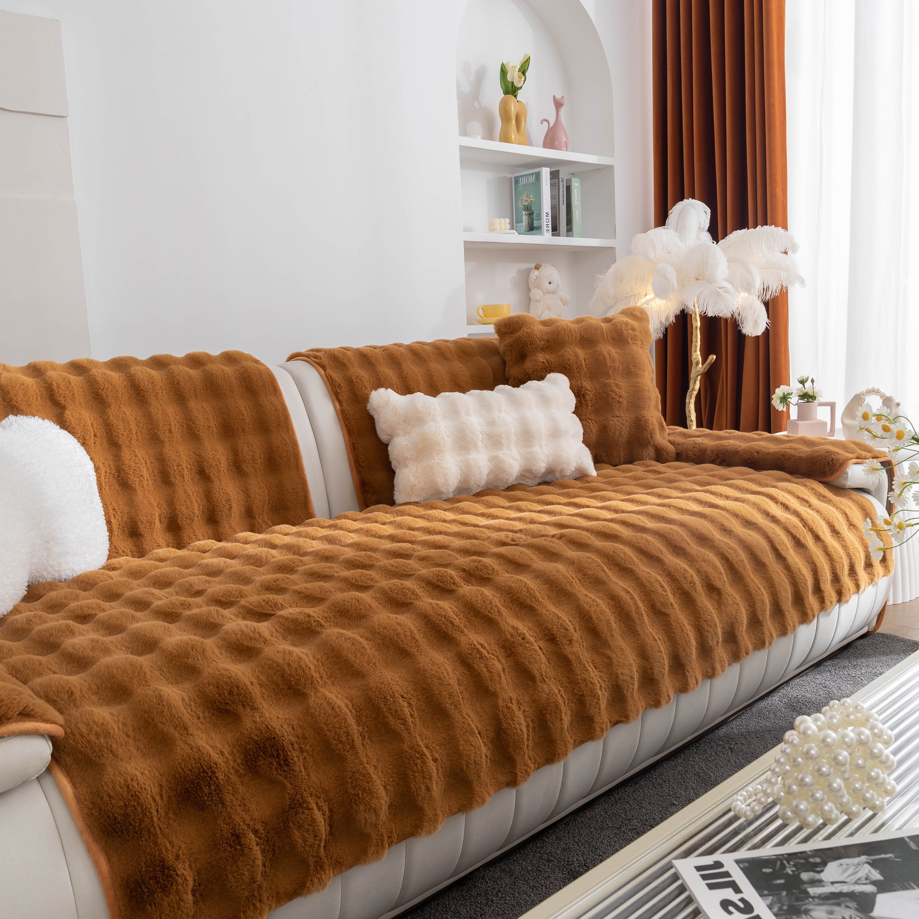 Thick Sofa Cushion Solid Color Faux Fur Fluffy Sofa Cushion Non-slip Couch Covers