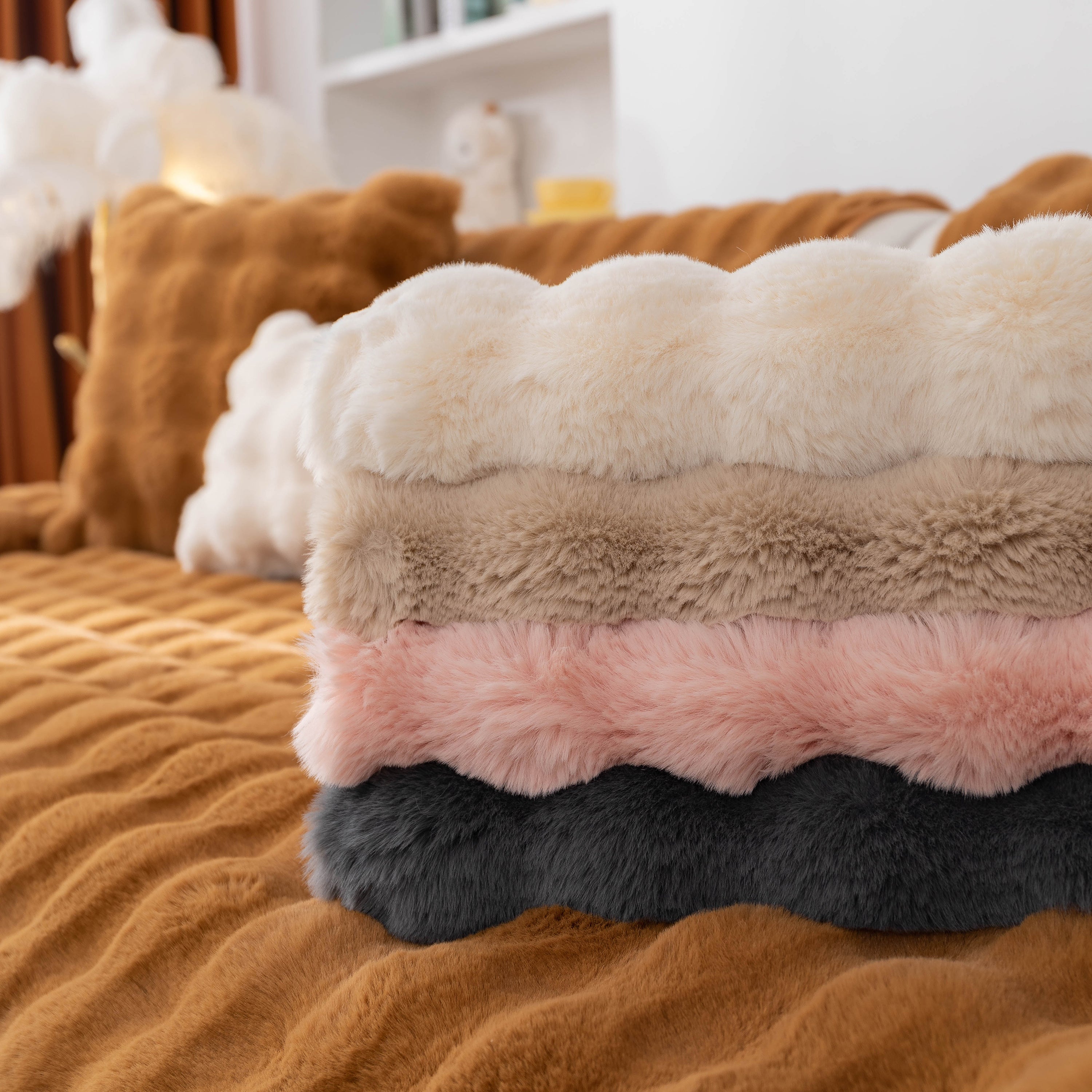 Thick Sofa Cushion Solid Color Faux Fur Fluffy Sofa Cushion Non-slip Couch Covers